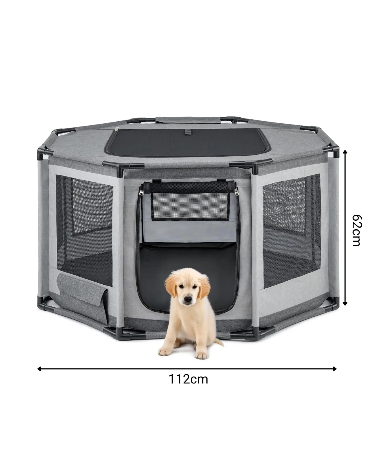 lionto Recinto per cani e gatti in tessuto Oxford e PVC, ottagonale, 112x112x62 cm, grigio - immagine 5