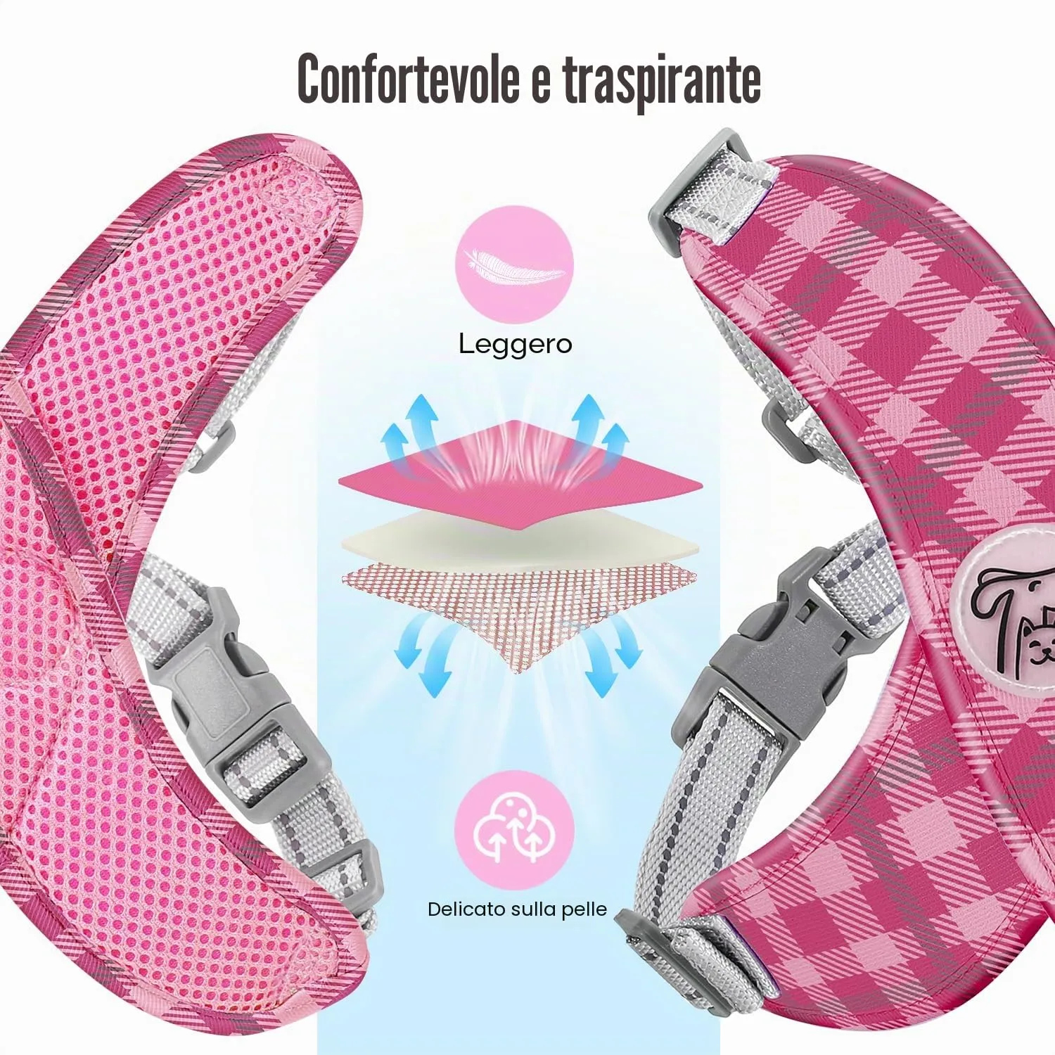 Pawaboo Set di Pettorina e Guinzaglio per Cani di Taglia Piccola e Media, Rosa Plaid, Taglia M - immagine 5