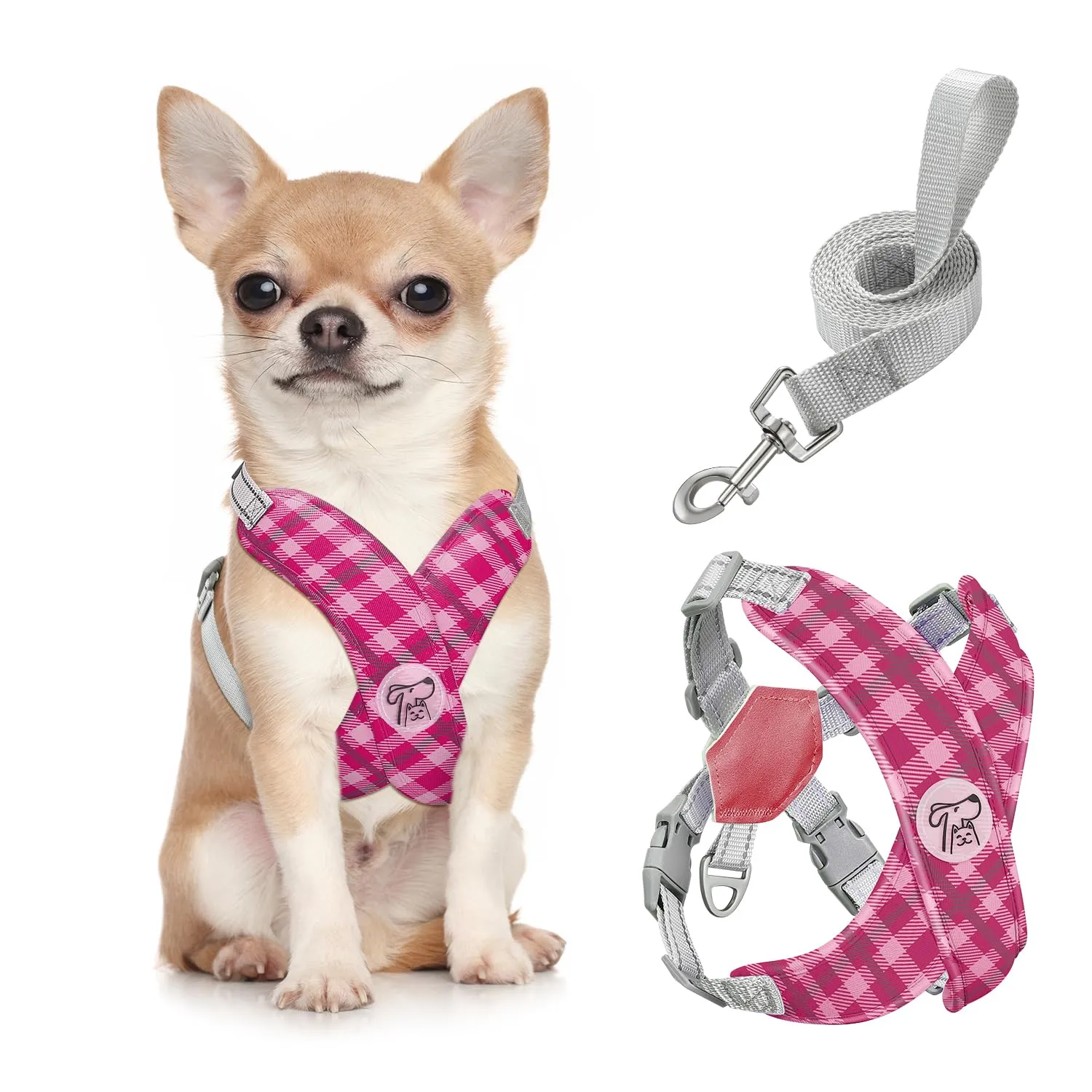 Pawaboo Set di pettorina e guinzaglio per cani di piccola e media taglia, struttura a X, regolabile, Rosa Plaid, Taglia S - immagine 1