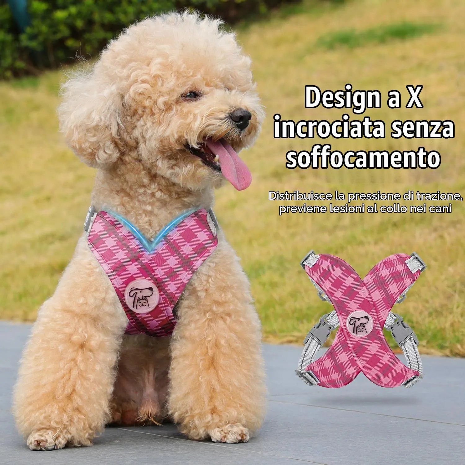 Pawaboo Set di pettorina e guinzaglio per cani di piccola e media taglia, struttura a X, regolabile, Rosa Plaid, Taglia S - immagine 3