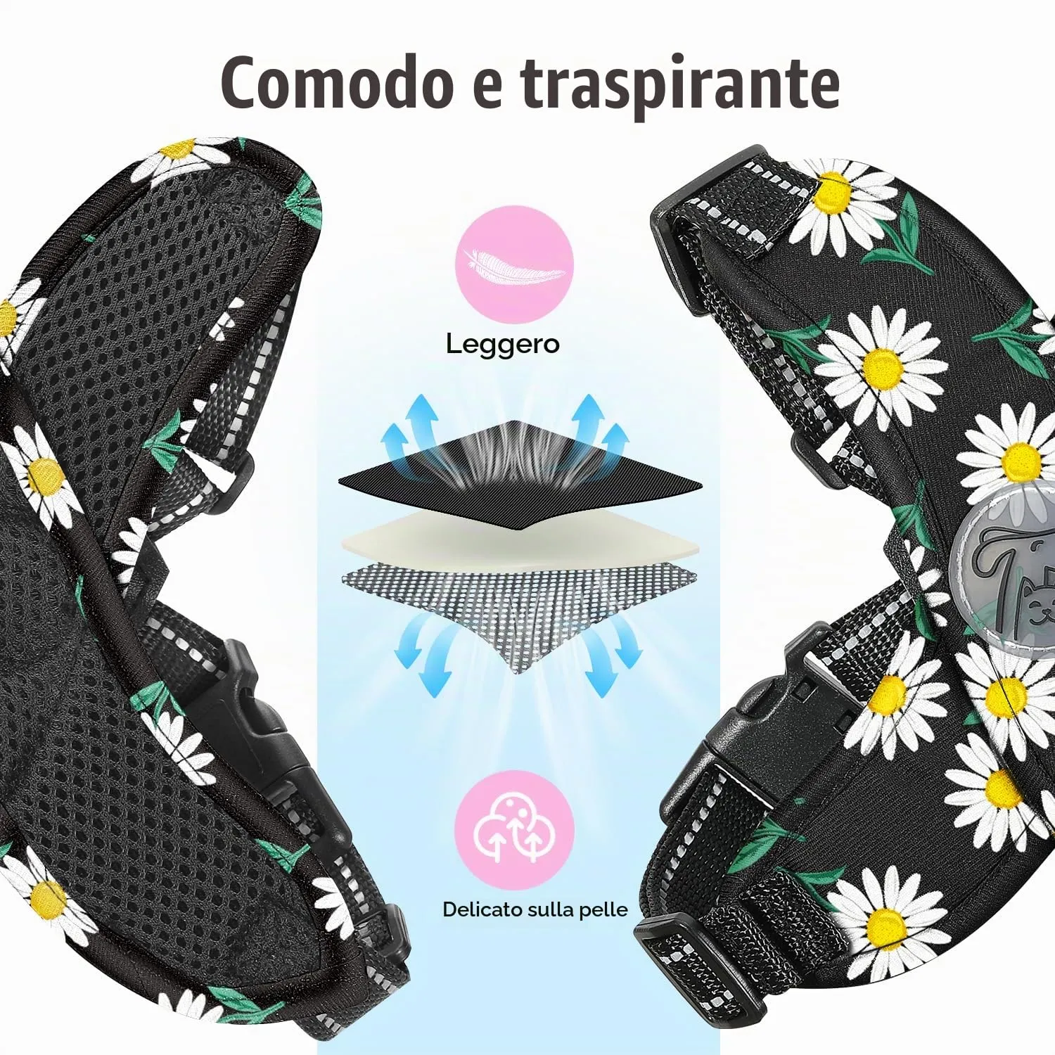 Pawaboo Imbracatura di Sicurezza per Cani con Guinzaglio, Traspirante, Senza Tirare, S, Margherita Nera - immagine 5