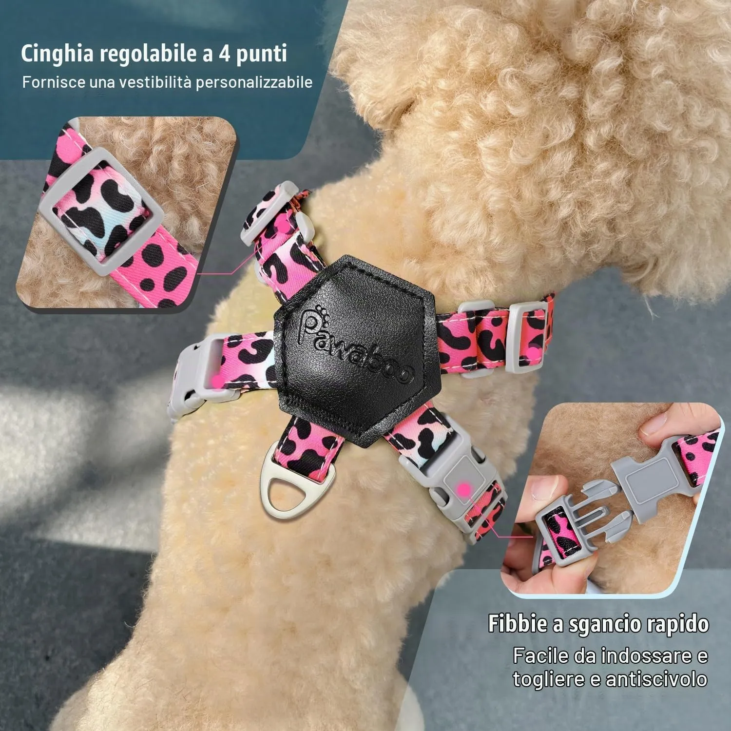 Pawaboo Set di Pettorina e Guinzaglio per Cani di Taglia Piccola, Leopardo Magenta, S - immagine 4