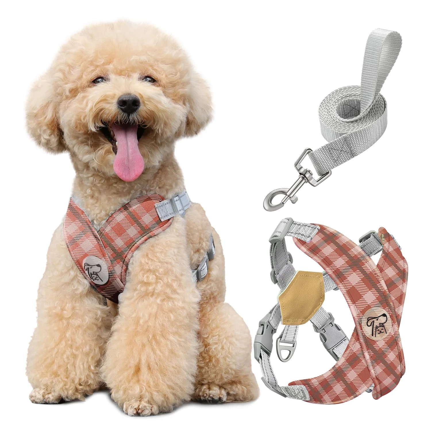 Pawaboo Set di Pettorina e Guinzaglio per Cani di Taglia Piccola e Media, Cachi Plaid, Taglia M - immagine 1