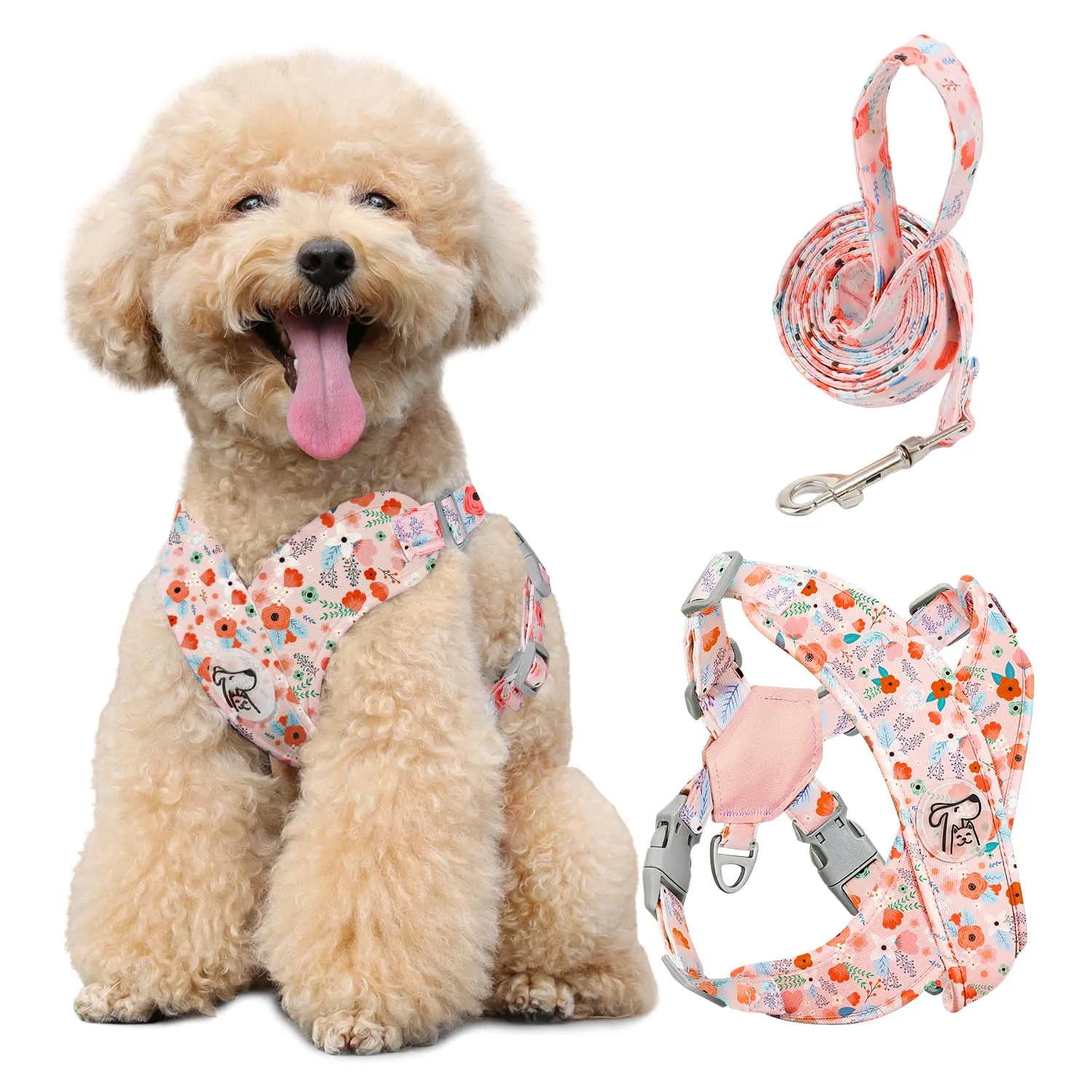 Pawaboo Set di pettorina e guinzaglio per cani di taglia piccola, Fiori Rosa, Taglia M - immagine 1