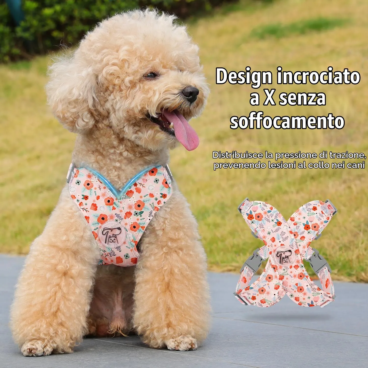 Pawaboo Set di pettorina e guinzaglio per cani di taglia piccola, Fiori Rosa, Taglia M - immagine 3