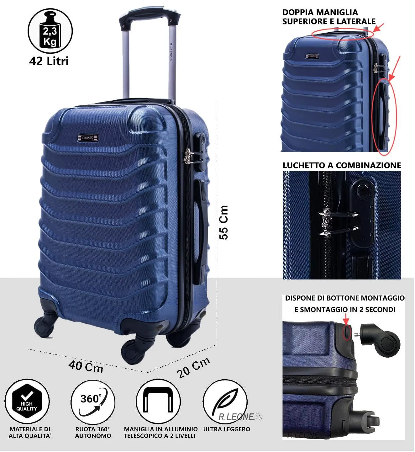 R.Leone Valigia Trolley Bagaglio a Mano 55x40x20 cm ABS Ultraleggero 4 Ruote Rimovibili 20263N Nero - immagine 2