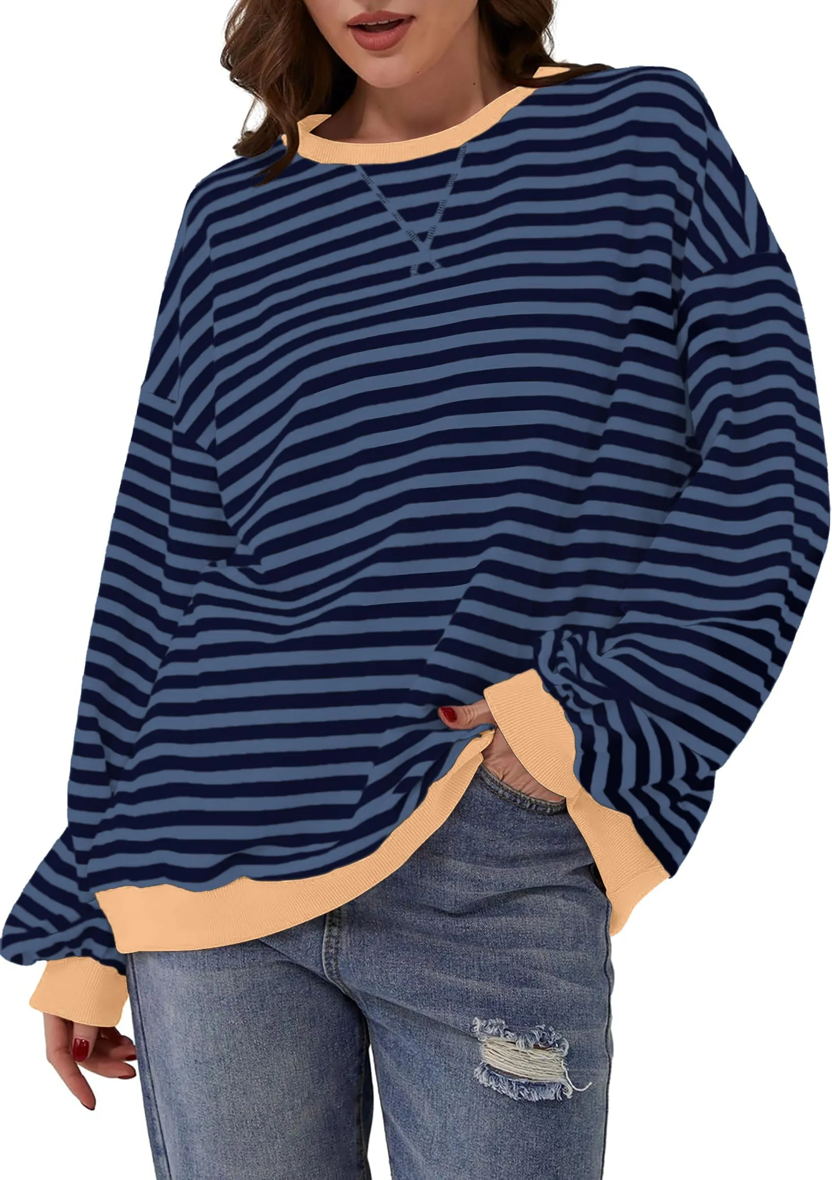 DUOEASE Felpa Donna Oversize a Righe Manica Lunga - immagine 2