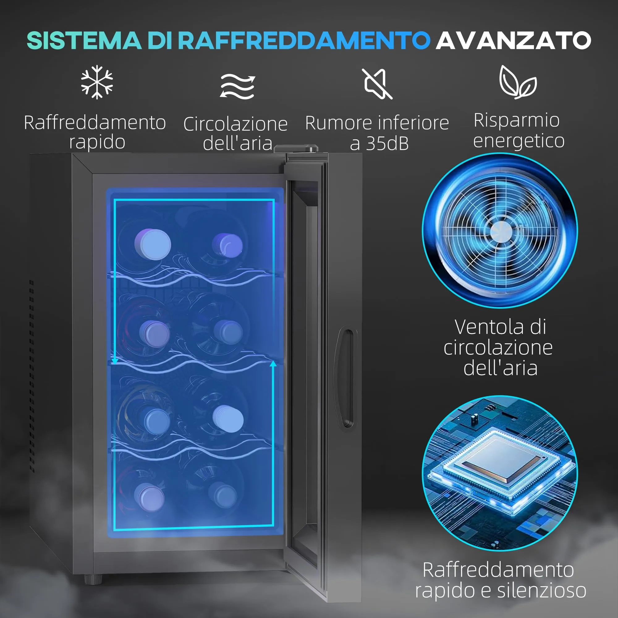 HOMCOM Cantinetta Vino Refrigerata 8 Bottiglie 21L Touch Nero - immagine 3