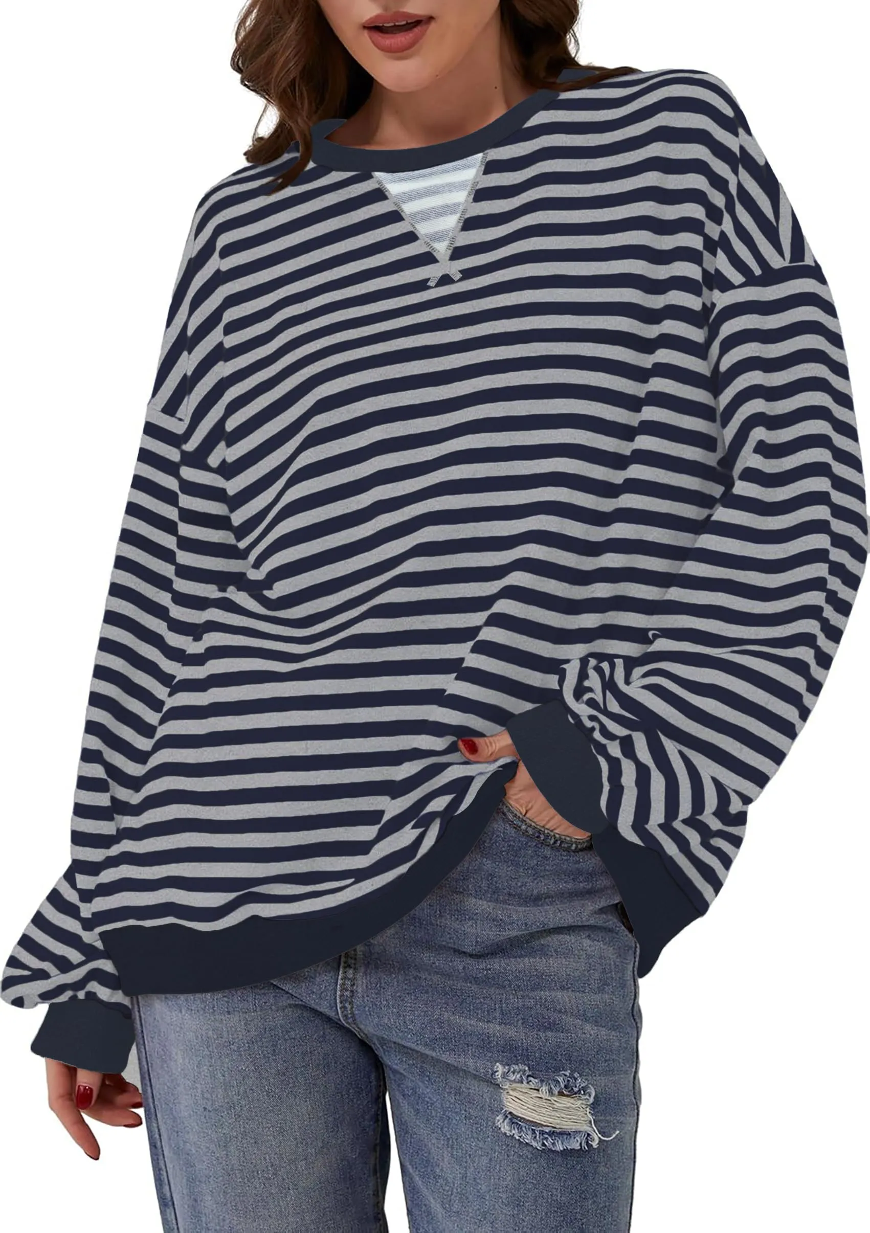 DUOEASE Felpa Donna Oversize a Righe Manica Lunga - immagine 2