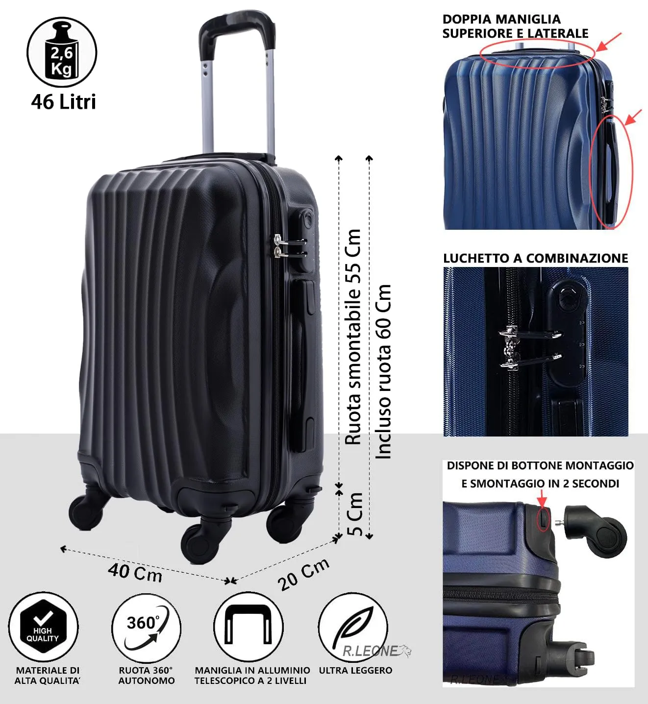 R.Leone Trolley in ABS 2037MAX con 4 Ruote Rimovibili, 60x40x20 cm (55x40x20 cm senza ruote), Nero - immagine 2