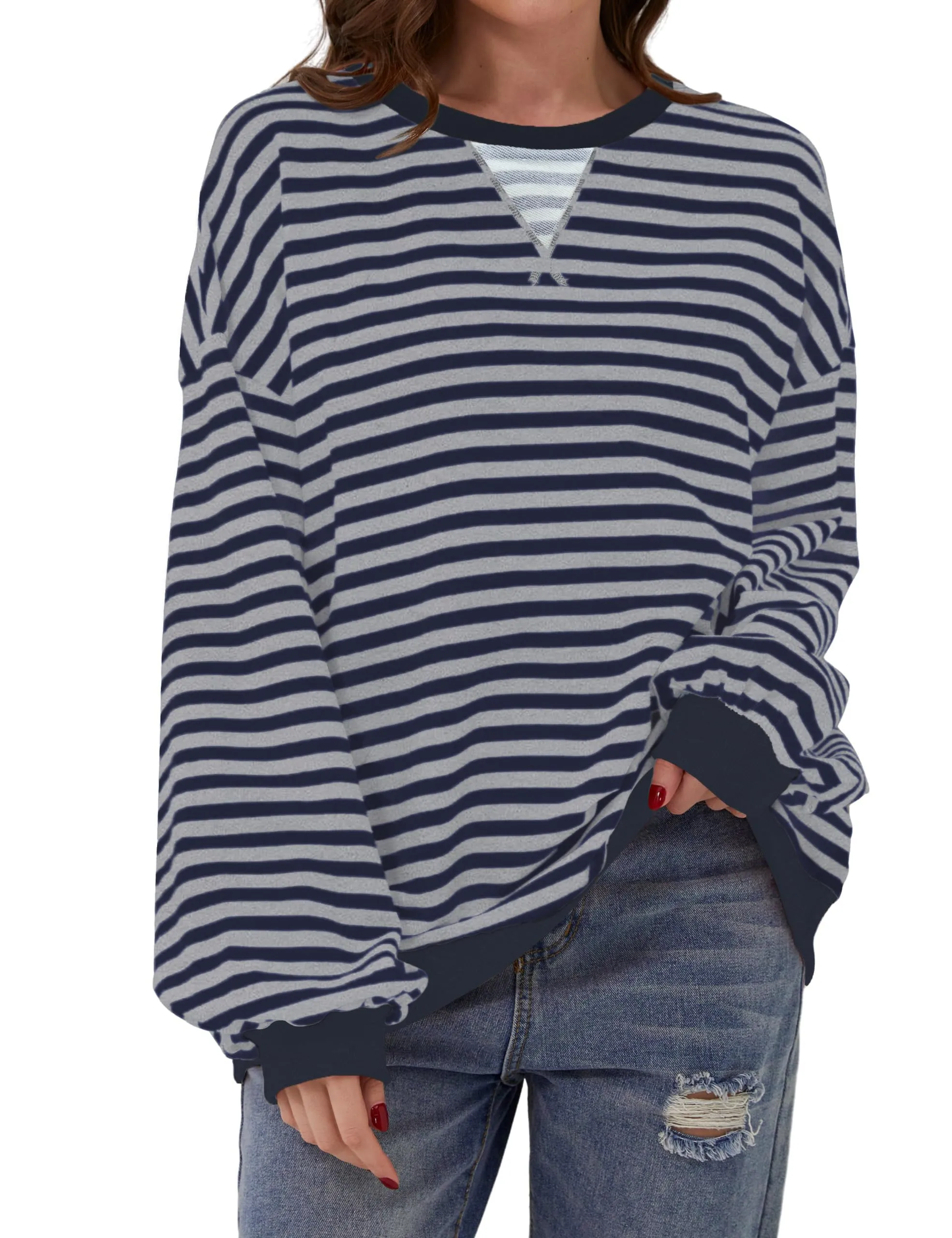 DUOEASE Felpa Donna Oversize a Righe Manica Lunga - immagine 1