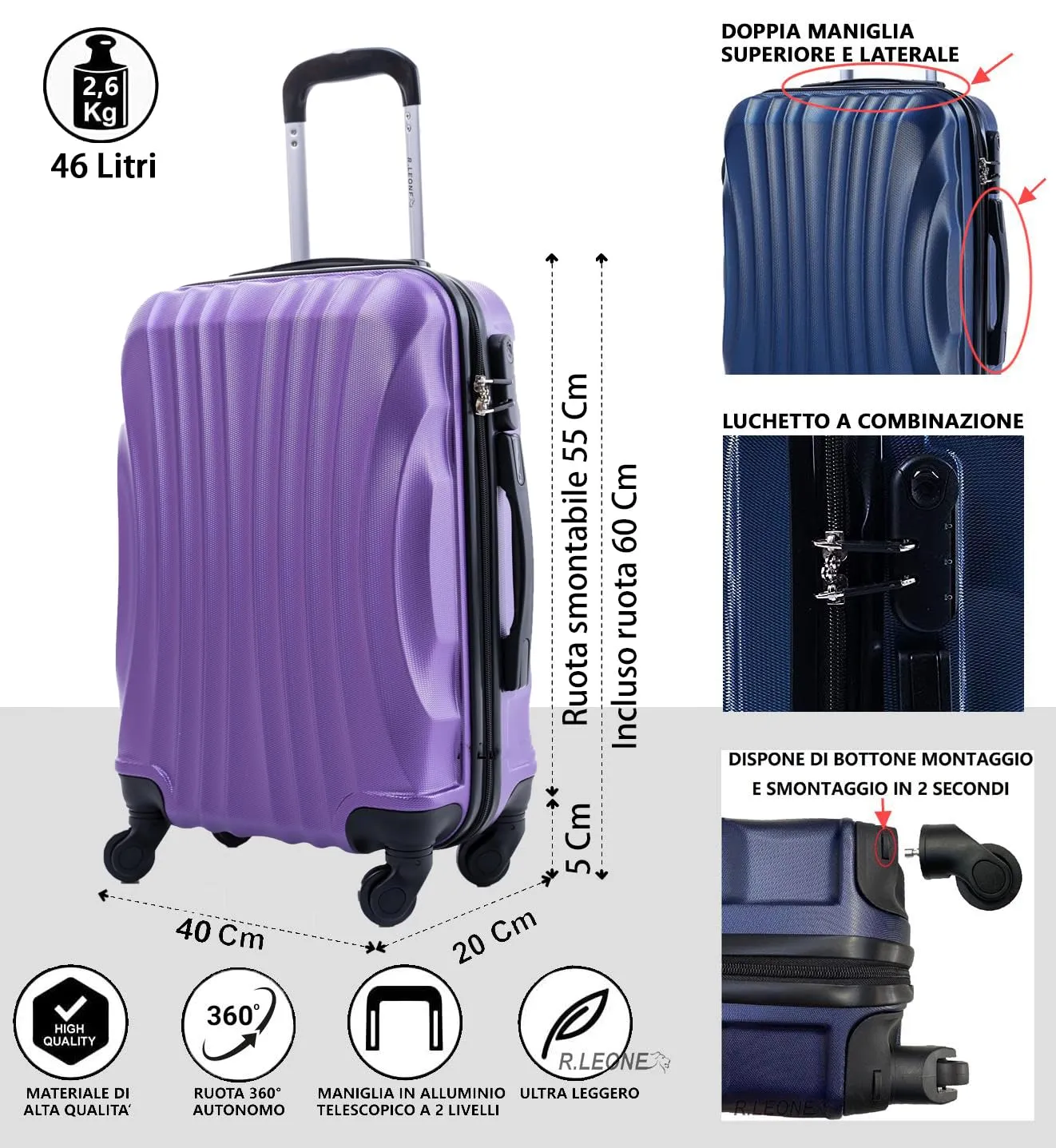 R.Leone Trolley in ABS 2037MAX Bagaglio a Mano 4 Ruote Rimovibili 60x40x20 cm (Viola) - immagine 2