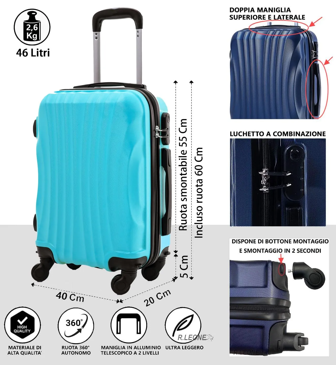 R.Leone Trolley Valigia Bagaglio a Mano in ABS 2037MAX, 60x40x20 cm (55x40x20 cm senza ruote), 4 Ruote Rimovibili, Celeste - immagine 2