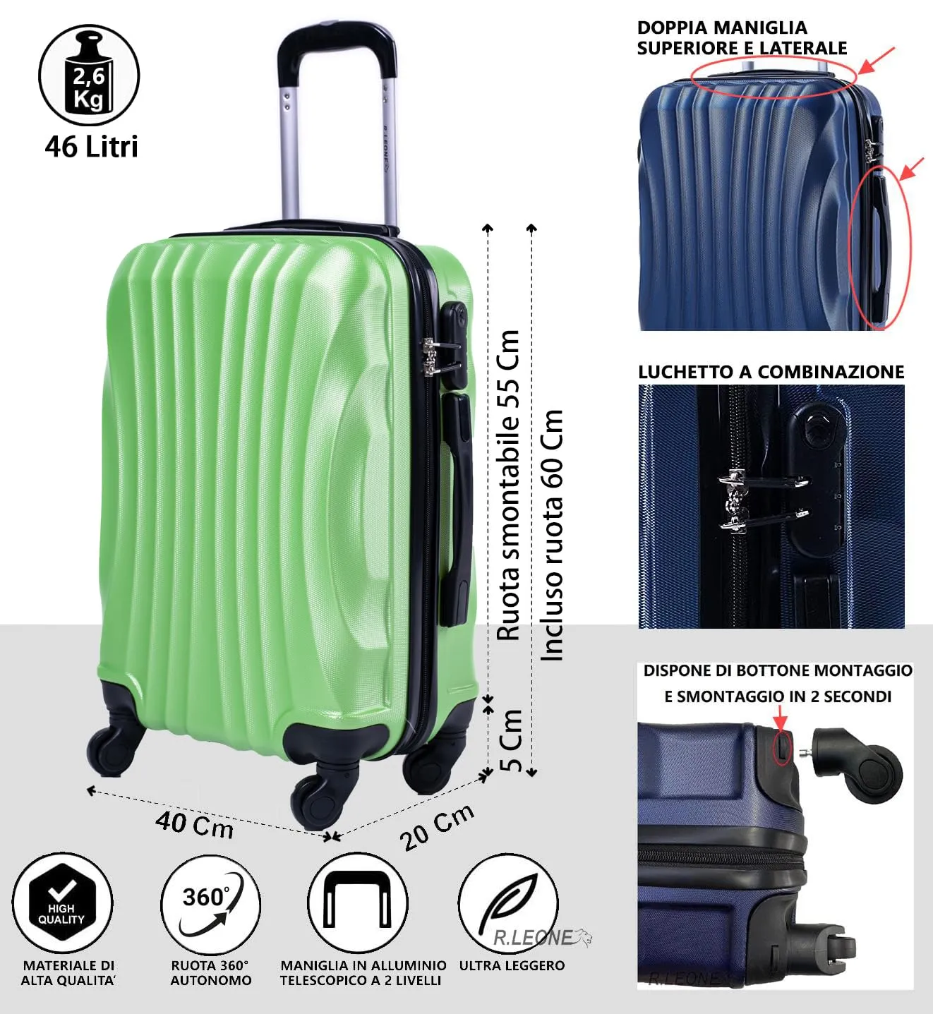 R.Leone Valigia Bagaglio a Mano Trolley in ABS 2037MAX con 4 Ruote Rimovibili, 60x40x20 cm (55x40x20 cm senza ruote), Verde - immagine 2