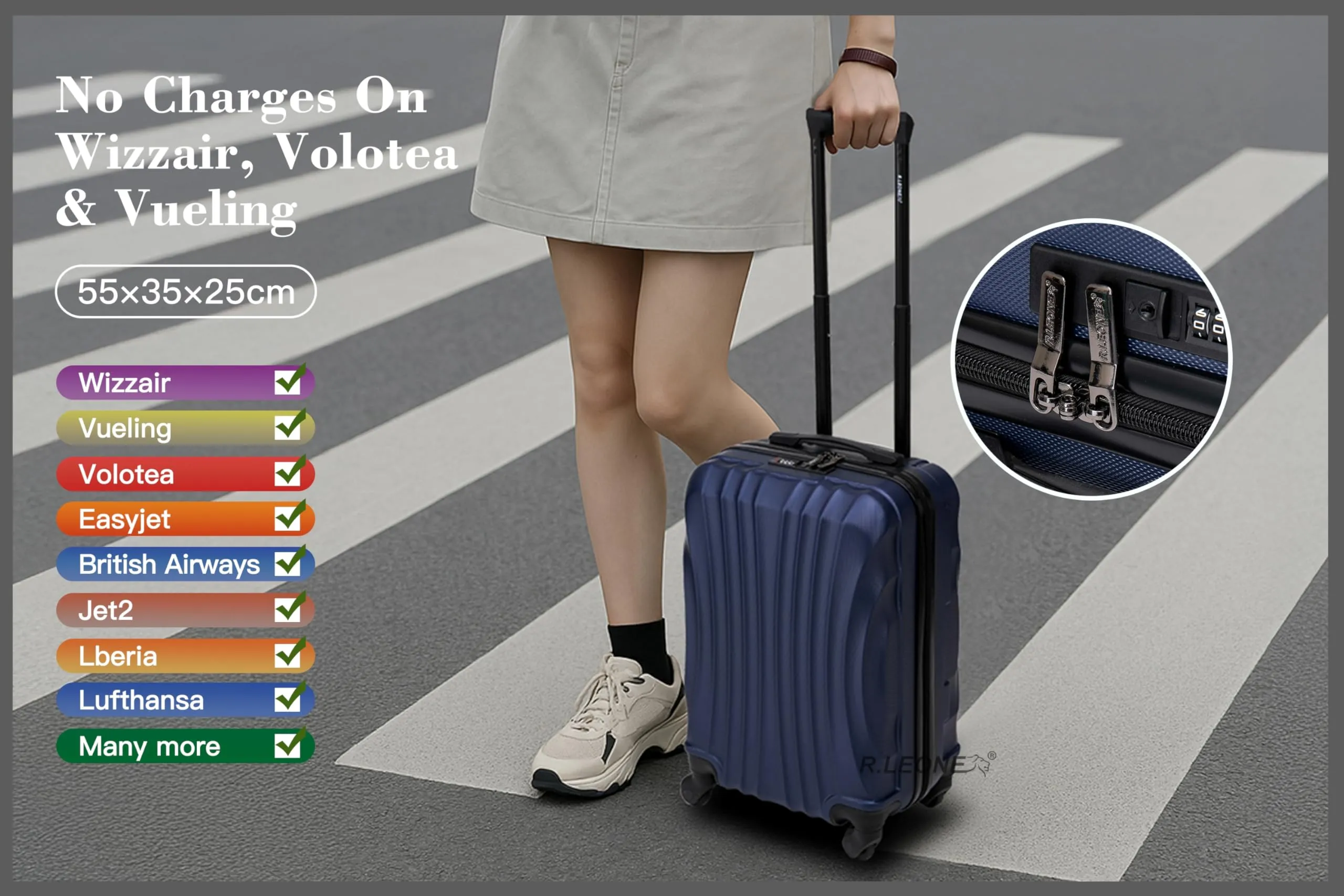 R.Leone Trolley Bagaglio a mano 55x35x25 cm 4 Ruote in ABS 20373FR Rose Gold - immagine 4