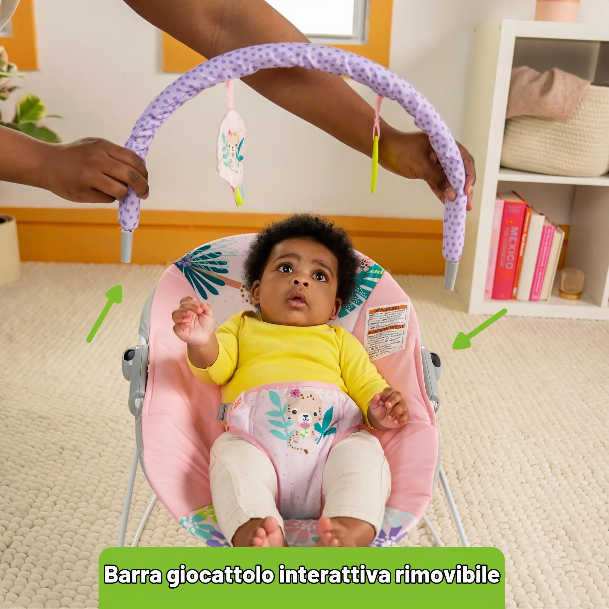 Bright Starts Wildflower Wonders Sdraietta Rosa con Vibrazioni e Barra Gioco, 0-6 Mesi - immagine 6