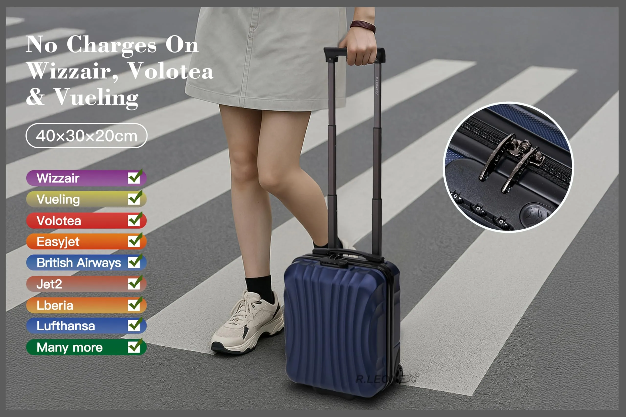 R.Leone Trolley Bagaglio a Mano 40x30x20cm in ABS 2 Ruote 20374FR Argento - immagine 4