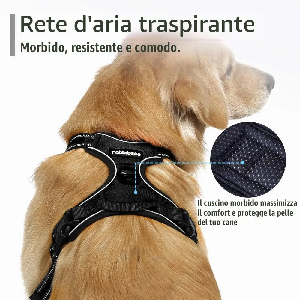rabbitgoo Pettorina Cane ad H Regolabile Anti Tiro Riflettente e Traspirante, Nero, XL - immagine 3
