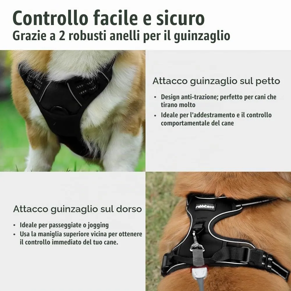 rabbitgoo Pettorina Cane ad H Regolabile Anti Tiro Riflettente e Traspirante, Nero, XL - immagine 4
