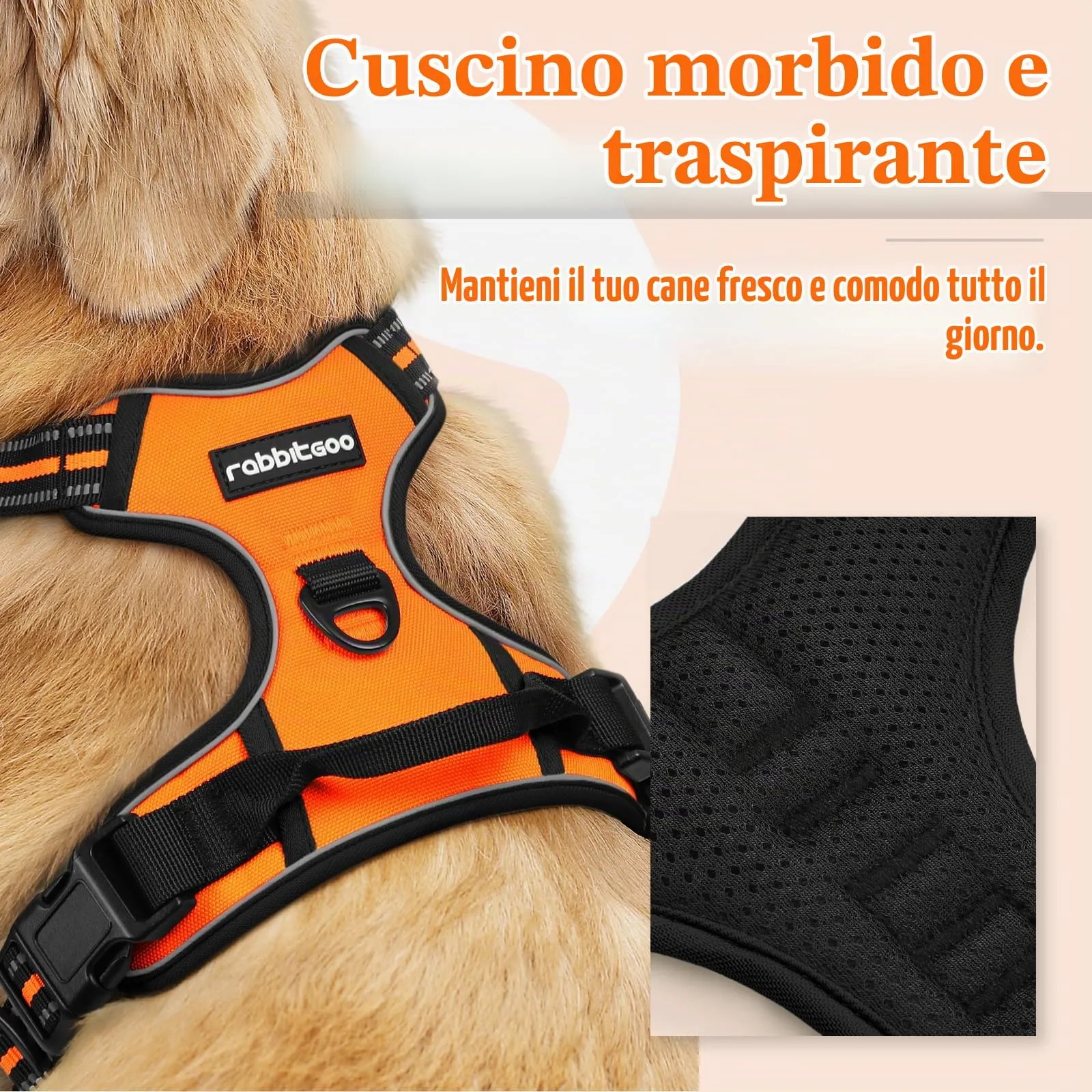 rabbitgoo Pettorina Cane ad H Regolabile, Anti Tiro e Riflettente, Traspirante, Arancio, M - immagine 3