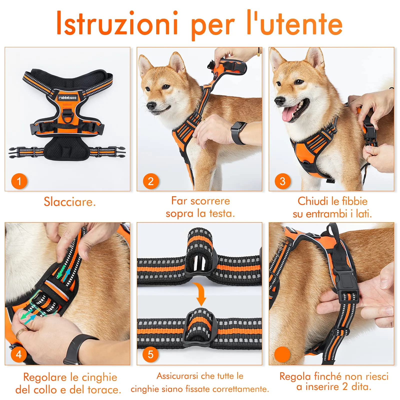 rabbitgoo Pettorina Cane ad H Regolabile Anti Tiro Riflettente, Arancio, L - immagine 9