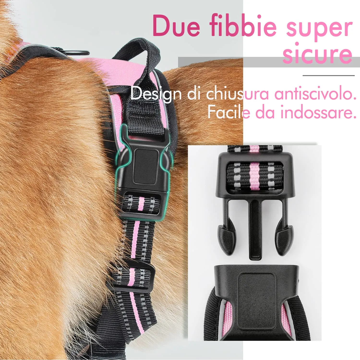rabbitgoo Pettorina Cane ad H Regolabile Anti Tiro Riflettente, Rosa, L - immagine 6