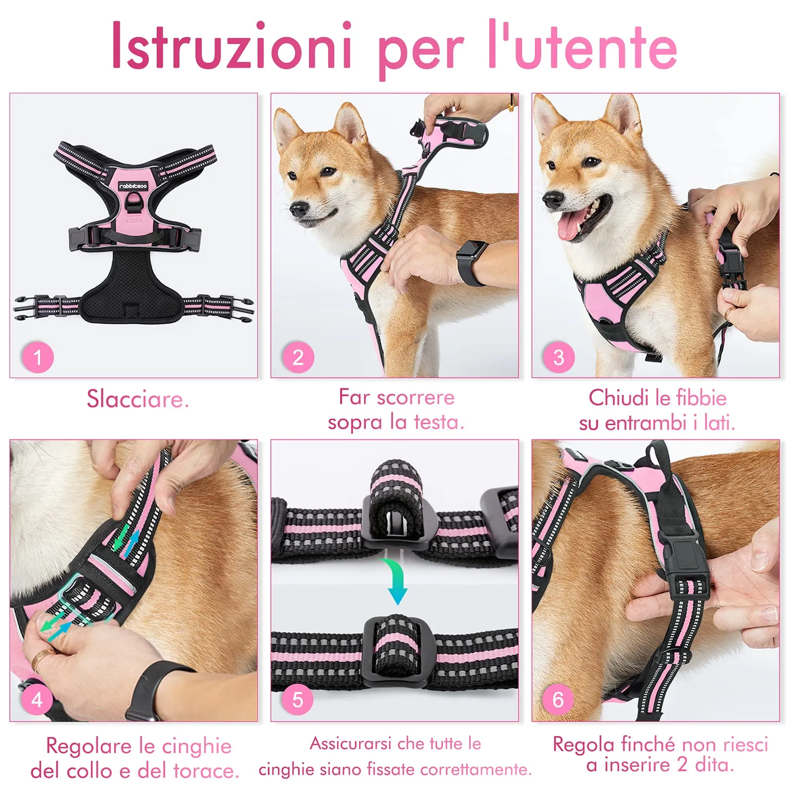 rabbitgoo Pettorina Cane ad H Regolabile Anti Tiro Riflettente, Rosa, M - immagine 8