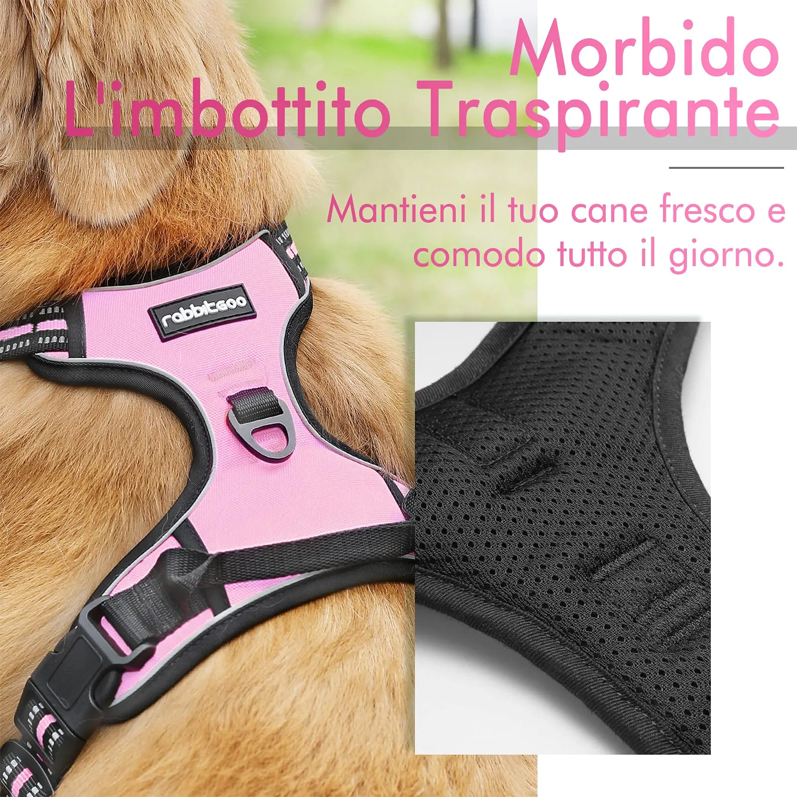 rabbitgoo Pettorina Cane ad H Regolabile Anti Tiro Riflettente, Rosa, S - immagine 3