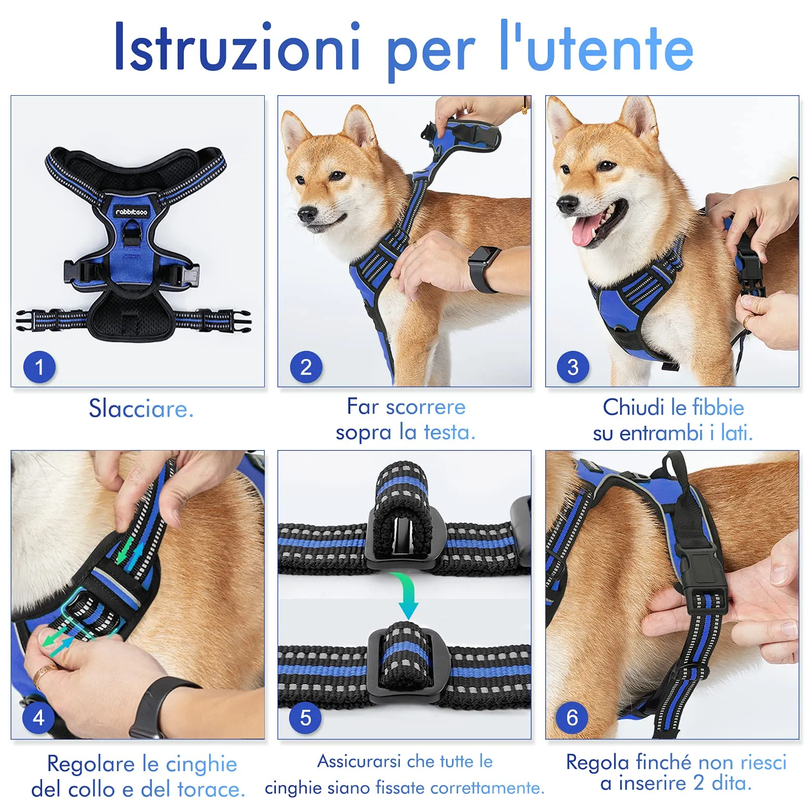 rabbitgoo Pettorina Cane ad H Regolabile Anti Tiro Riflettente, Blu, XL - immagine 8