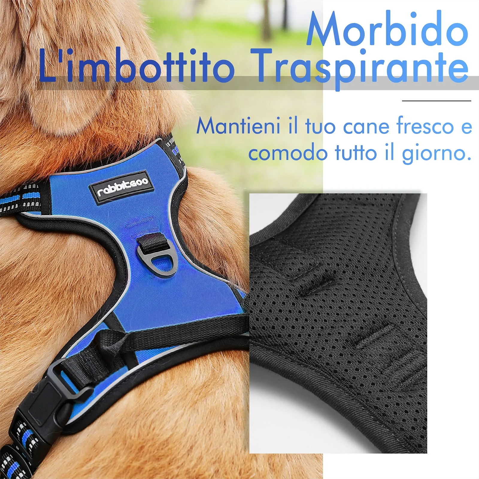 rabbitgoo Pettorina Cane ad H Regolabile Anti Tiro Riflettente, Blu, L - immagine 2