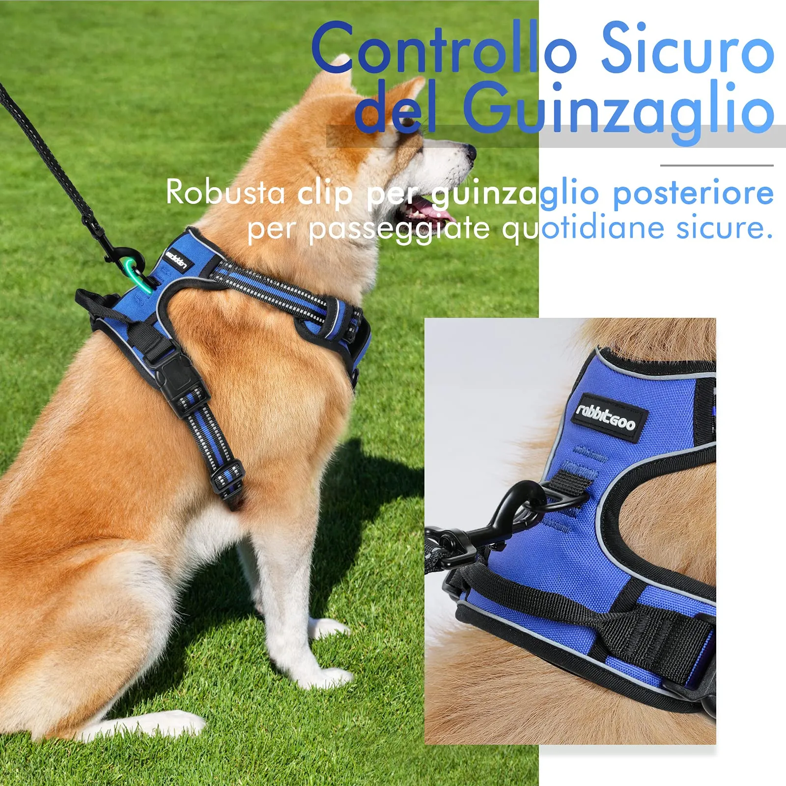 rabbitgoo Pettorina Cane ad H Regolabile Anti Tiro Riflettente, Blu, L - immagine 4
