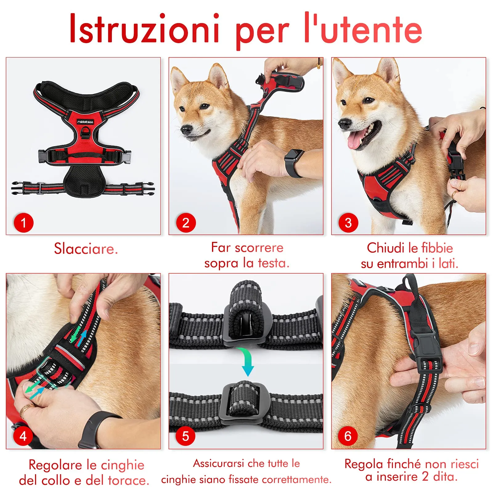 rabbitgoo Pettorina Cane ad H Regolabile, Anti Tiro Riflettente e Traspirante, Rossa, XL - immagine 8
