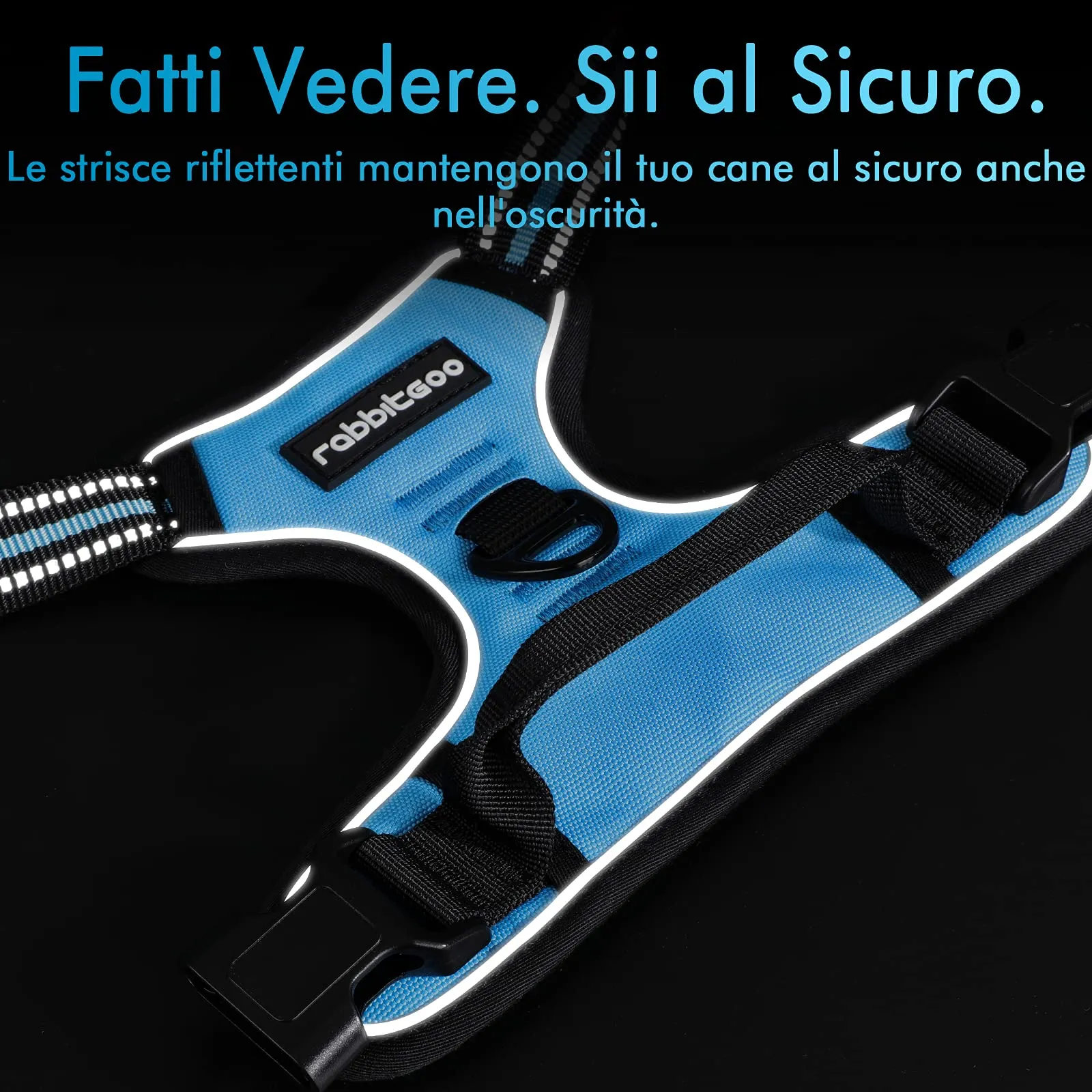 rabbitgoo Pettorina Cane ad H Regolabile Anti Tiro Riflettente, Blu Chiaro, L - immagine 7