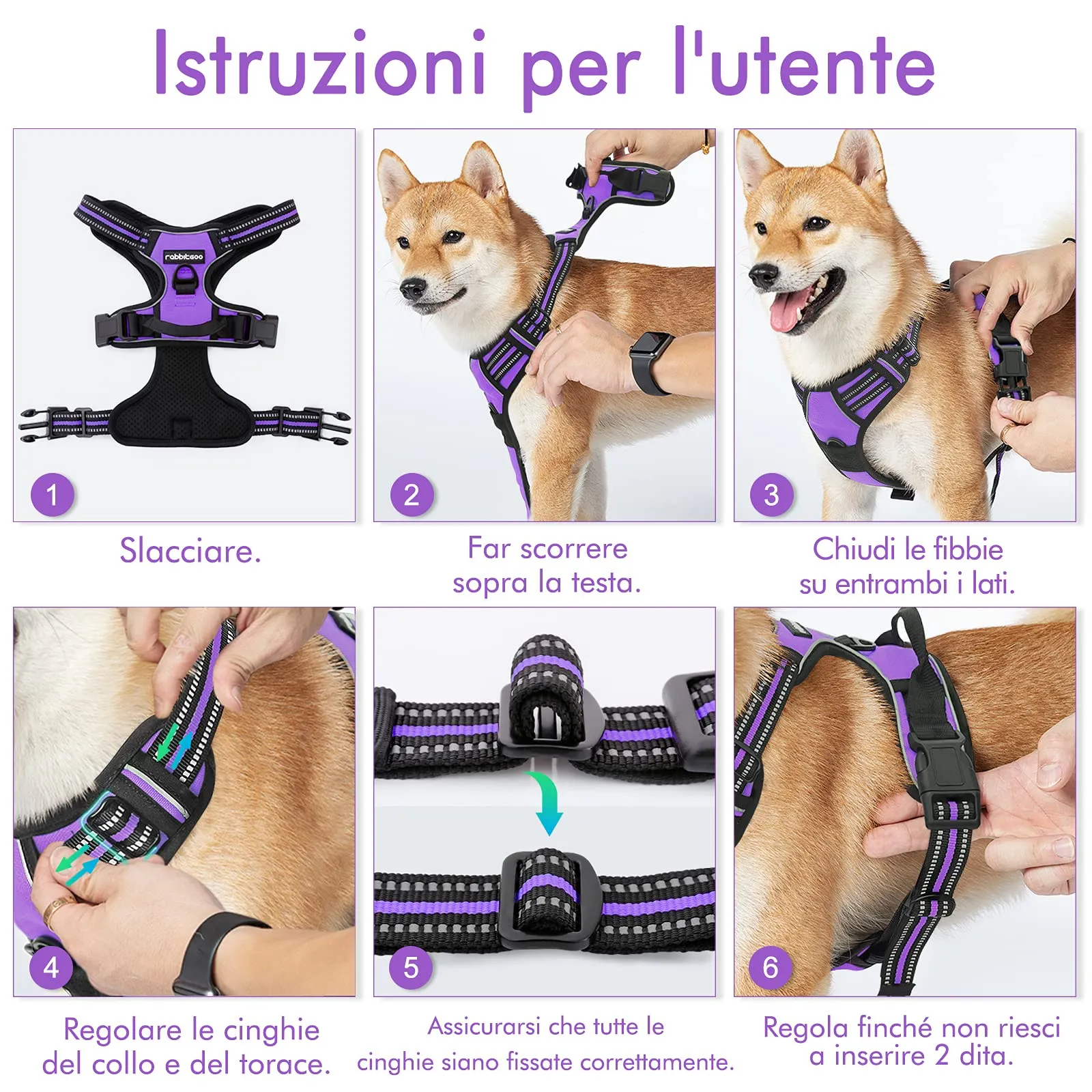 rabbitgoo Pettorina Cane ad H Regolabile, Anti Tiro Riflettente e Traspirante, Viola, M - immagine 8