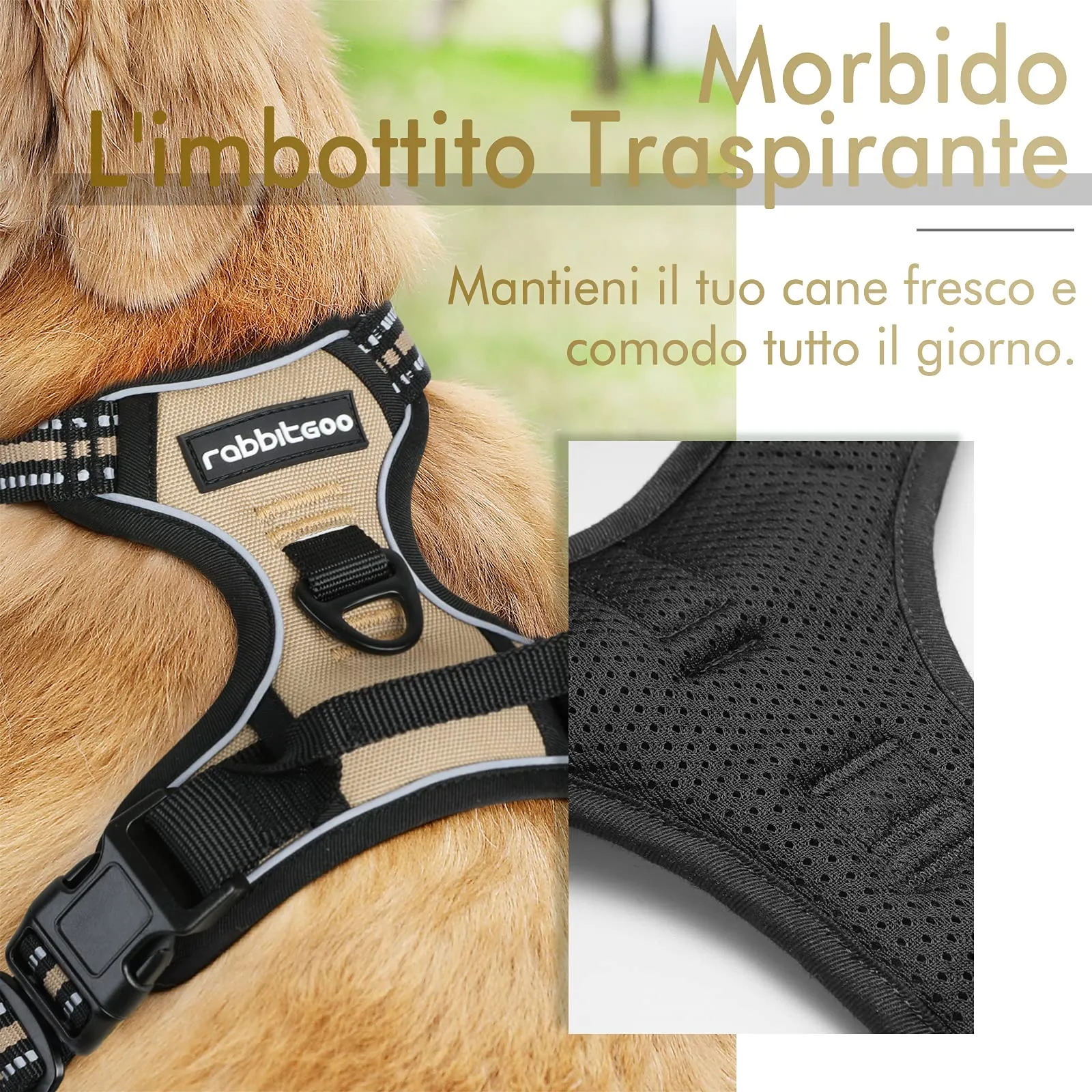 rabbitgoo Pettorina Cane ad H Regolabile Anti Tiro Riflettente, Cachi, L - immagine 2