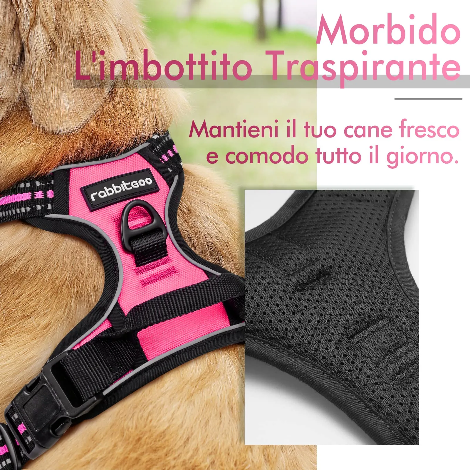 rabbitgoo Pettorina Cane ad H Regolabile Anti Tiro Riflettente, Rosa Rosso, XL - immagine 3