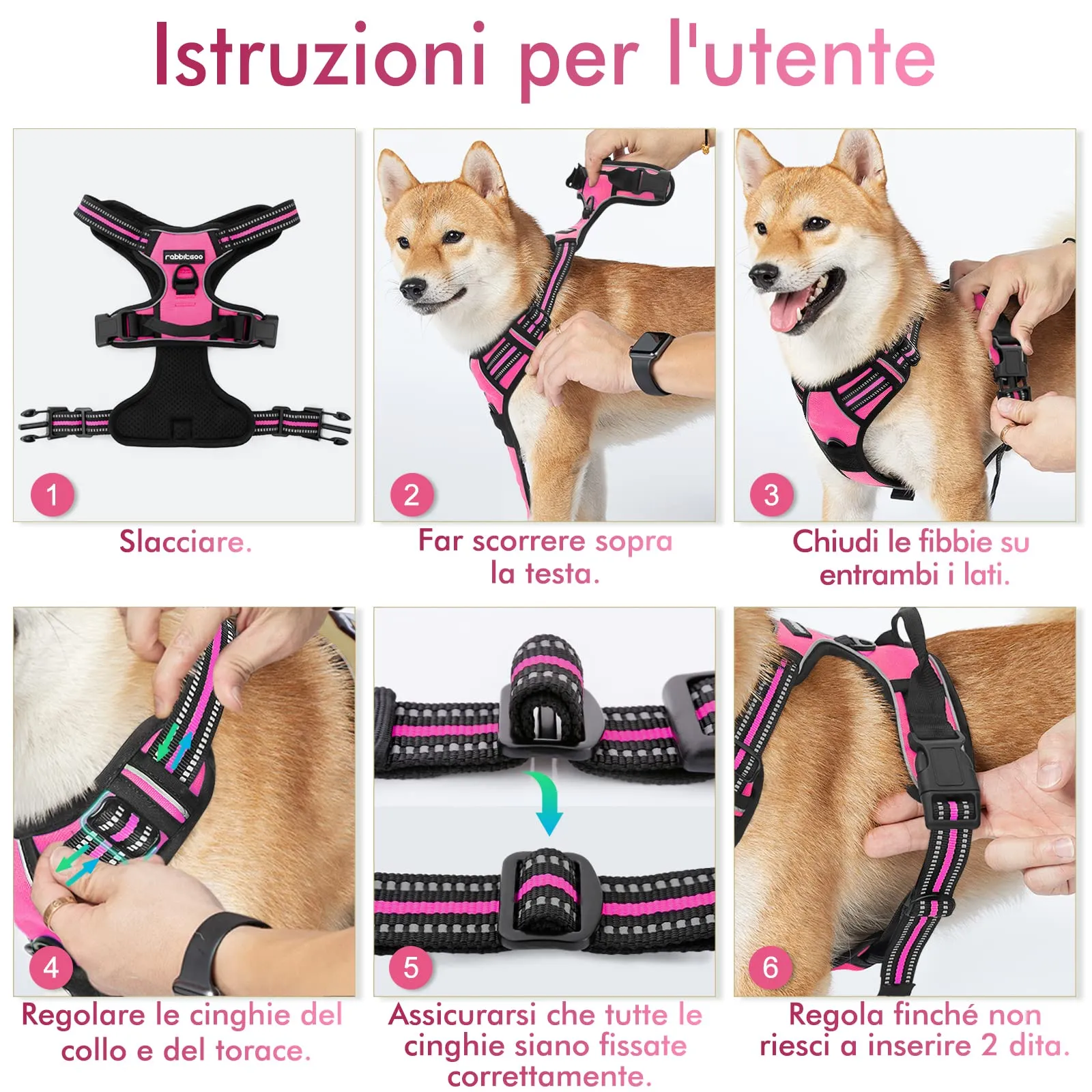 rabbitgoo Pettorina Cane ad H Regolabile Anti Tiro Riflettente, Rosa Rosso, XL - immagine 9