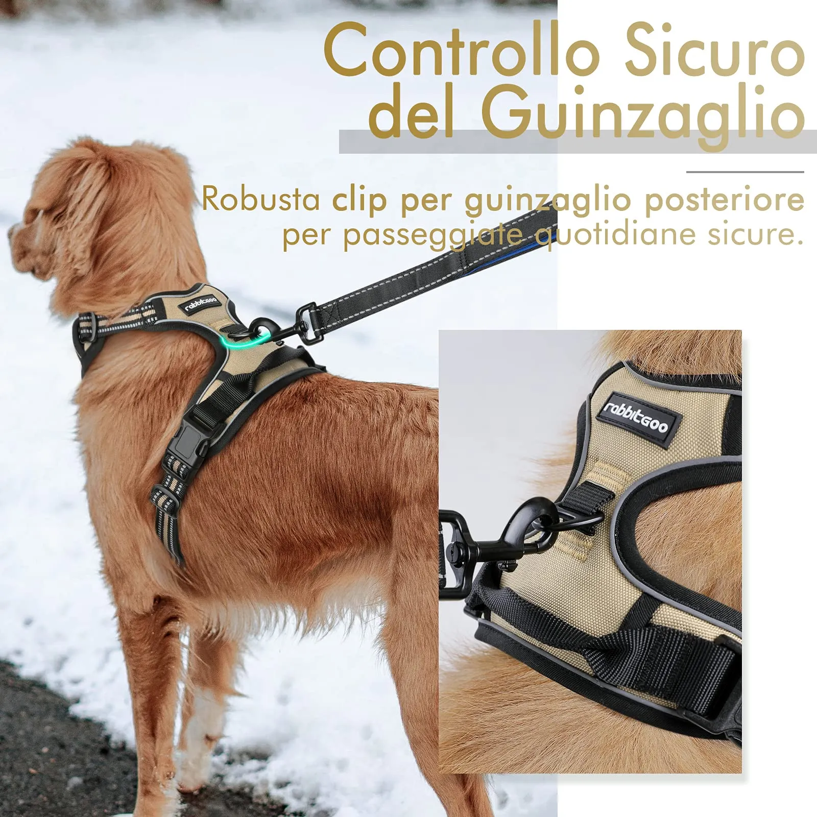 rabbitgoo Pettorina Cane ad H Regolabile, Anti Tiro Riflettente e Traspirante, Cachi, M - immagine 4