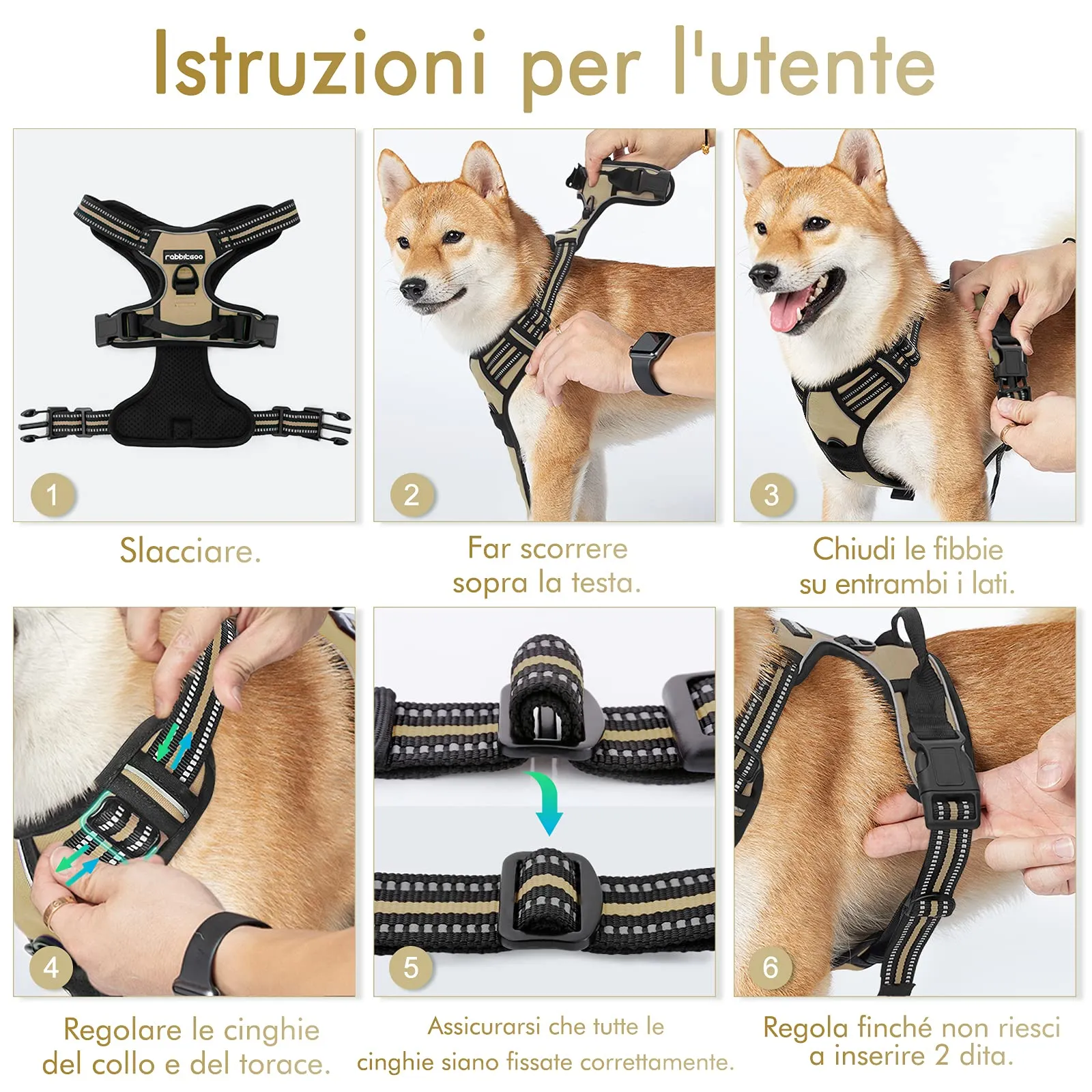 rabbitgoo Pettorina Cane ad H Regolabile, Anti Tiro Riflettente e Traspirante, Cachi, M - immagine 8