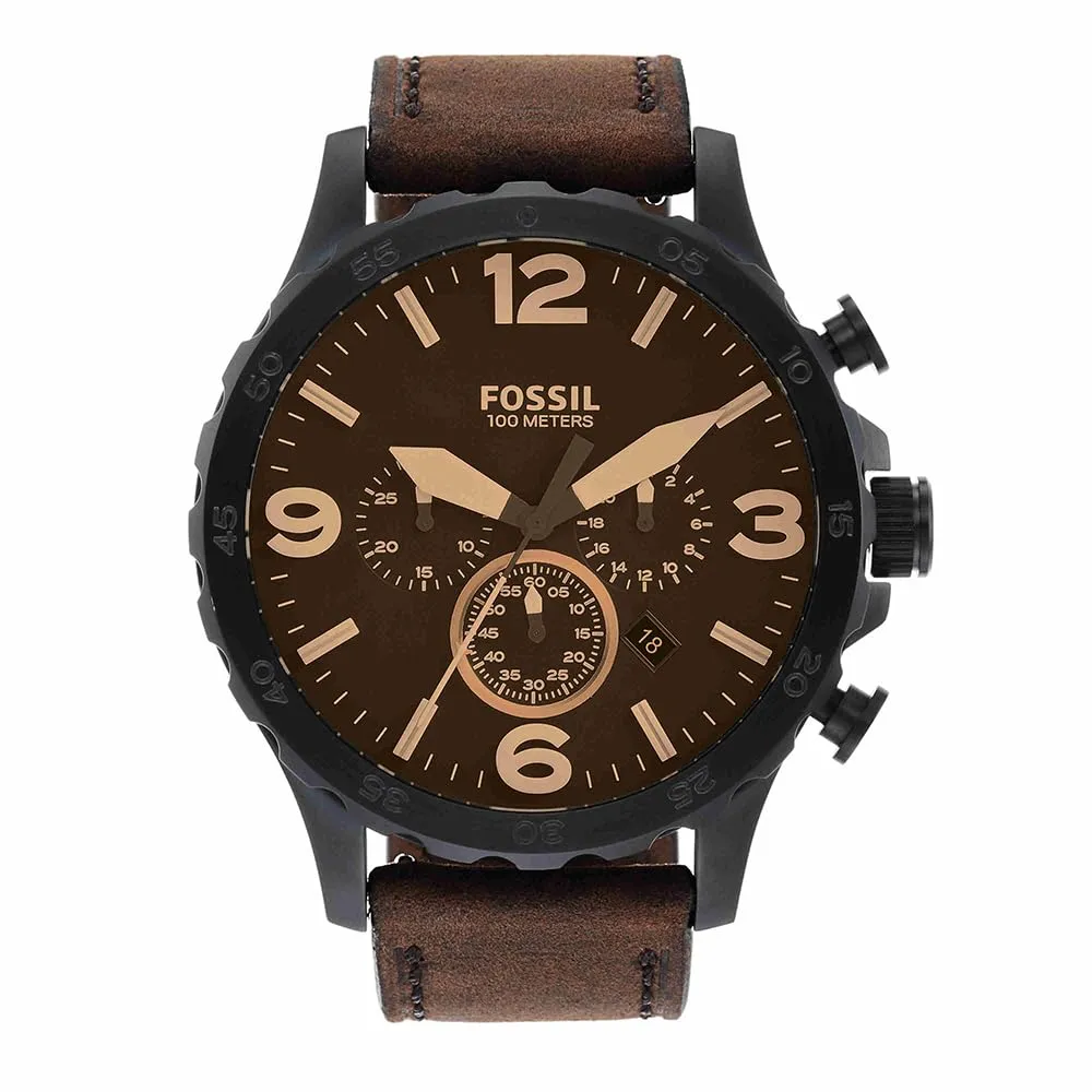Fossil Nate Cronografo JR1487, Cassa 50 mm in Acciaio Inossidabile Nero, Cinturino in Vera Pelle Marrone - immagine 1