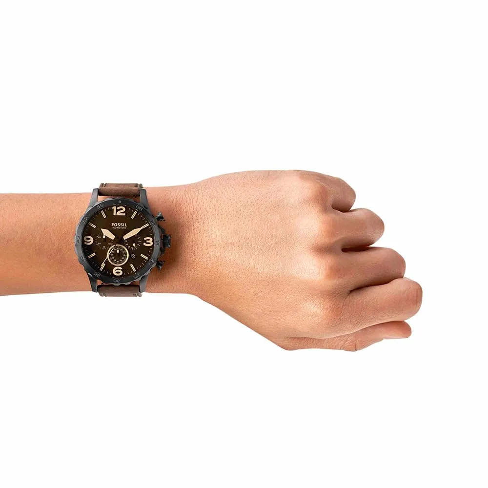 Fossil Nate Cronografo JR1487, Cassa 50 mm in Acciaio Inossidabile Nero, Cinturino in Vera Pelle Marrone - immagine 4