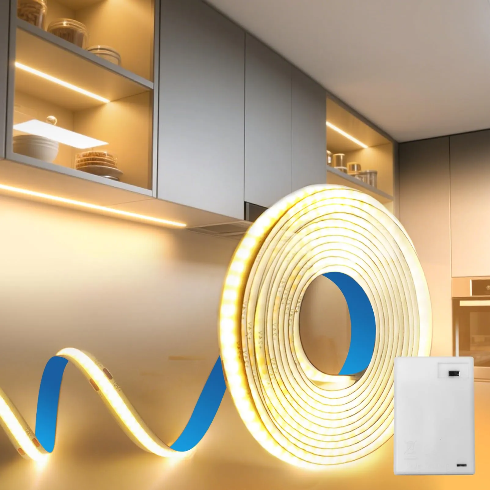 BRIMETI Striscia LED COB a Batteria 5V 1M, 3000K Blanc Chaud, 320LEDs/M, Autoadesiva Flessibile - immagine 1