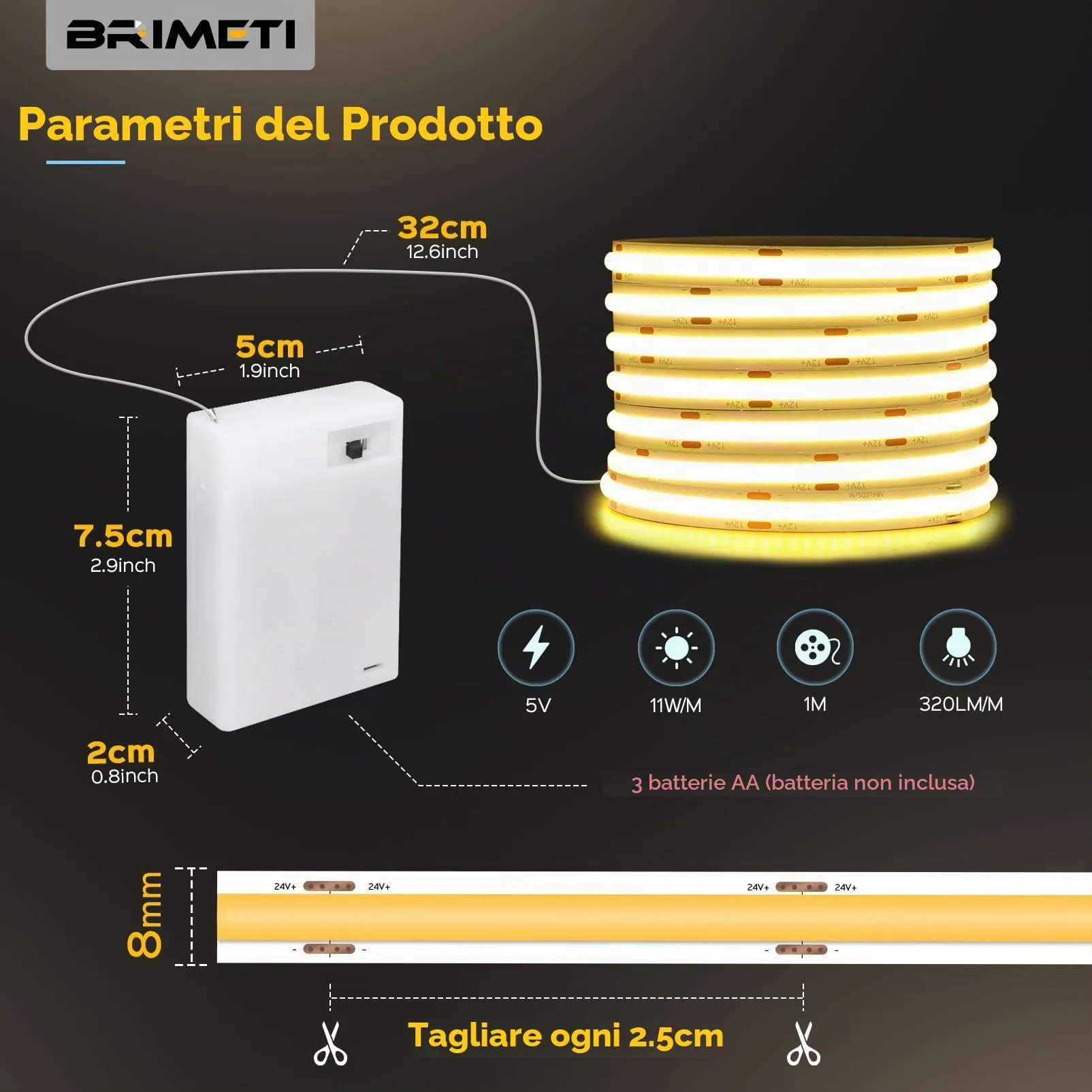 BRIMETI Striscia LED COB a Batteria 5V 1M, 3000K Blanc Chaud, 320LEDs/M, Autoadesiva Flessibile - immagine 2