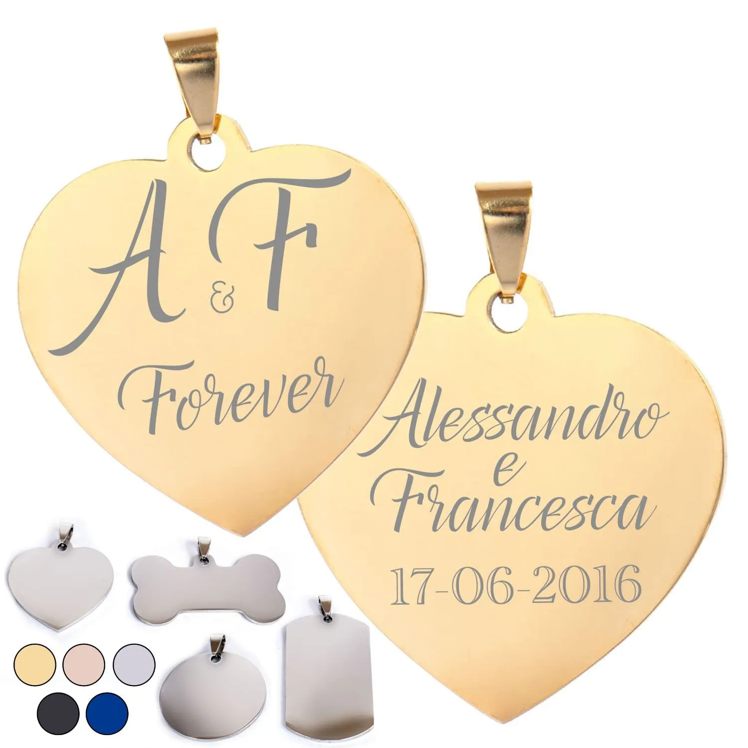 VENEZIANO Targhetta Personalizzata Incisione Laser Forma Cuore Colore Oro - immagine 1