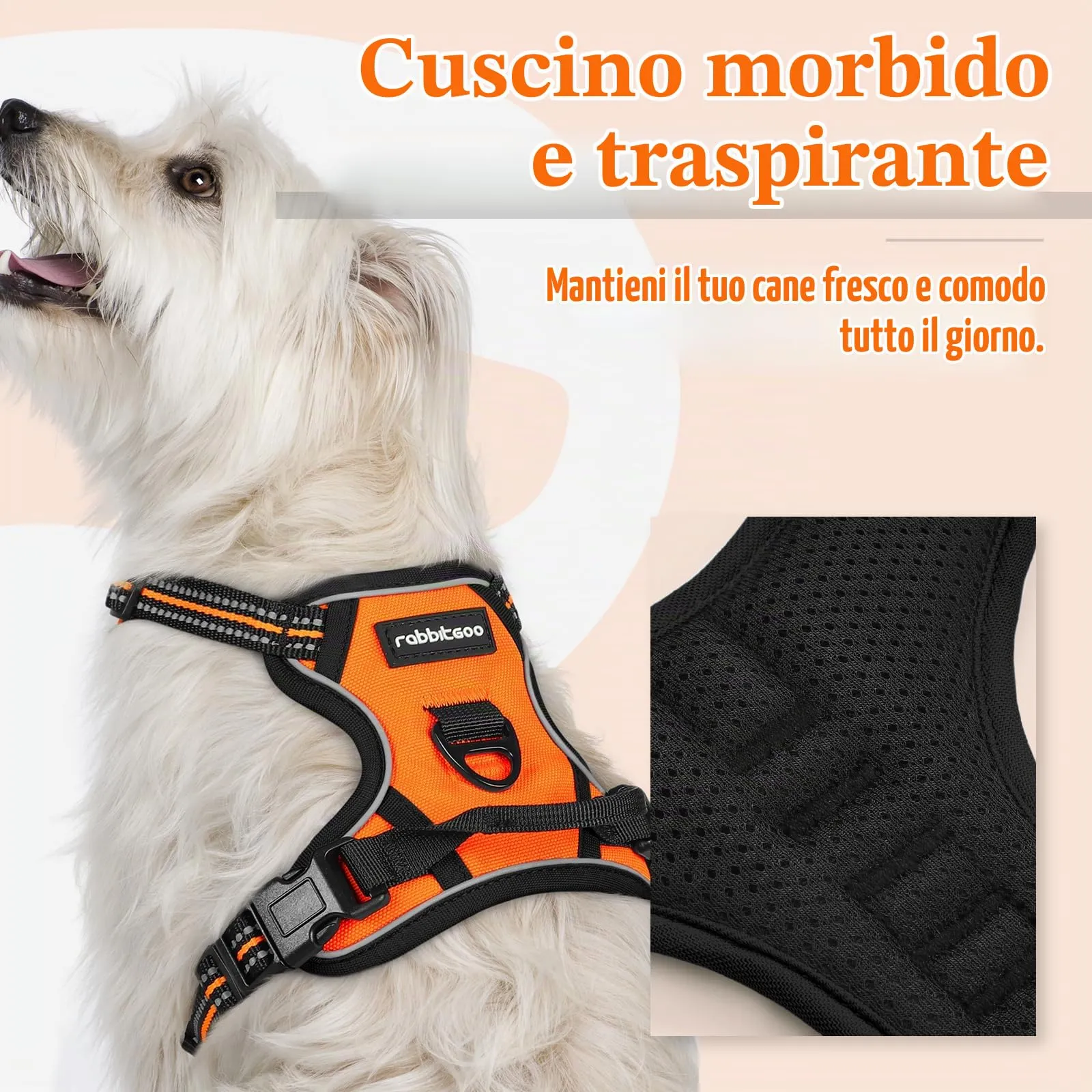 rabbitgoo Pettorina Cane ad h Regolabile, Imbracatura Anti Tiro Riflettente e Traspirante, Arancio, XS - immagine 3