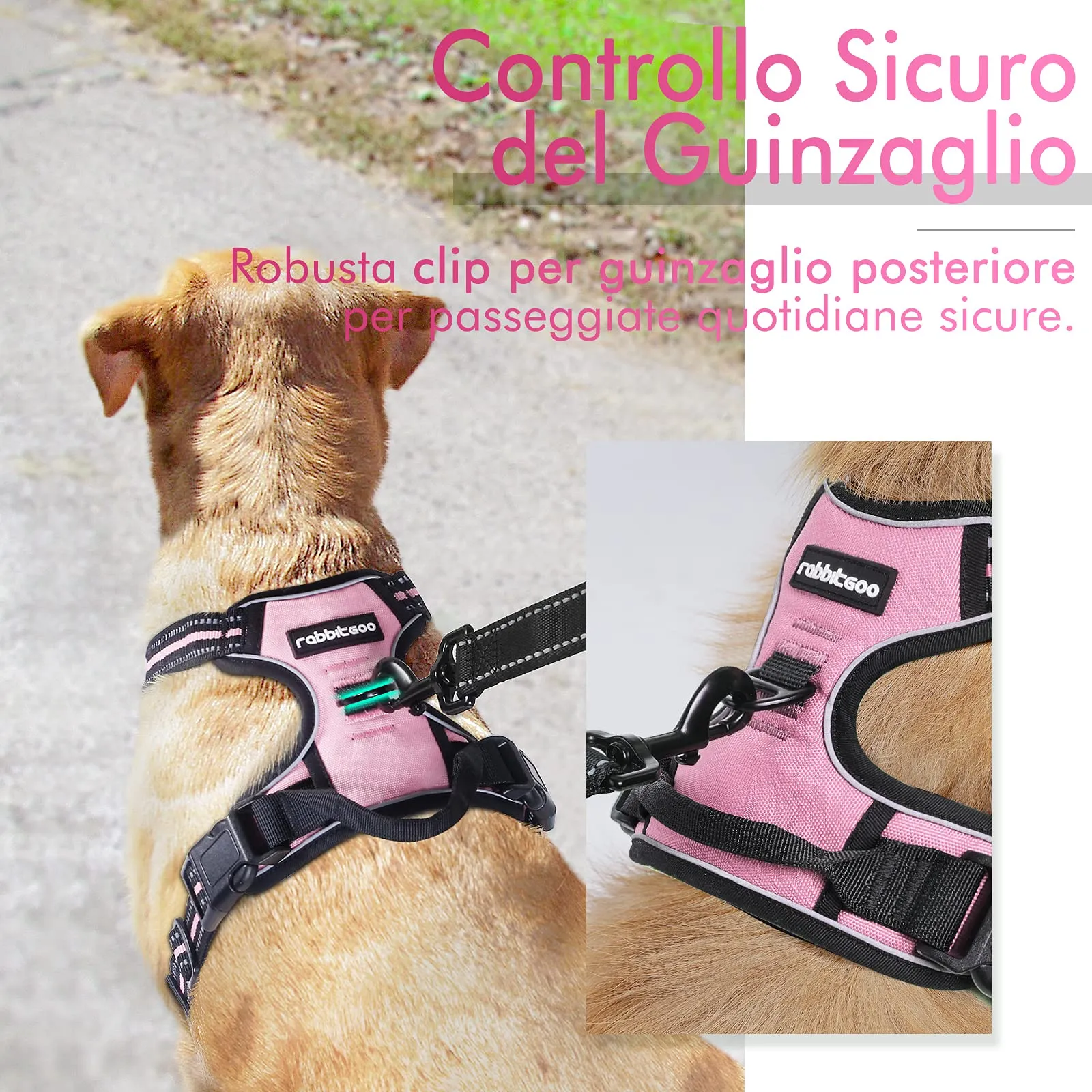 rabbitgoo Pettorina Cane ad H Regolabile Anti Tiro Riflettente, Rosa, XS - immagine 6
