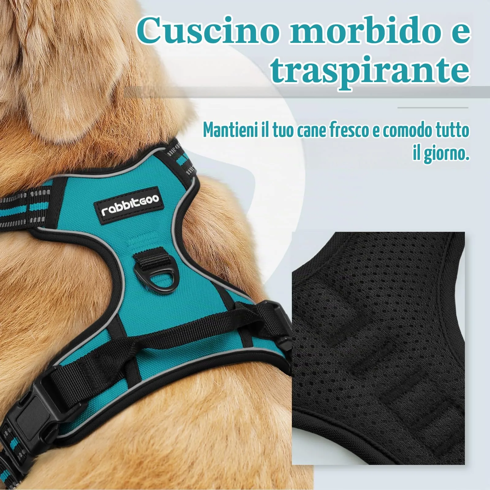 rabbitgoo Pettorina Cane ad H Regolabile Anti Tiro Riflettente, Blu Pavone, L - immagine 3