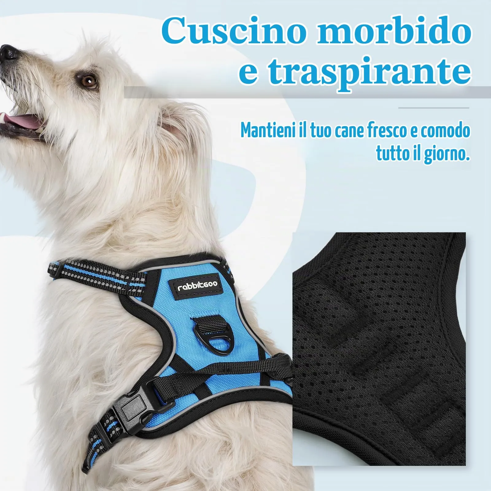 rabbitgoo Pettorina Cane ad h Regolabile, Anti Tiro Riflettente e Traspirante, Blu Chiaro, XS - immagine 3