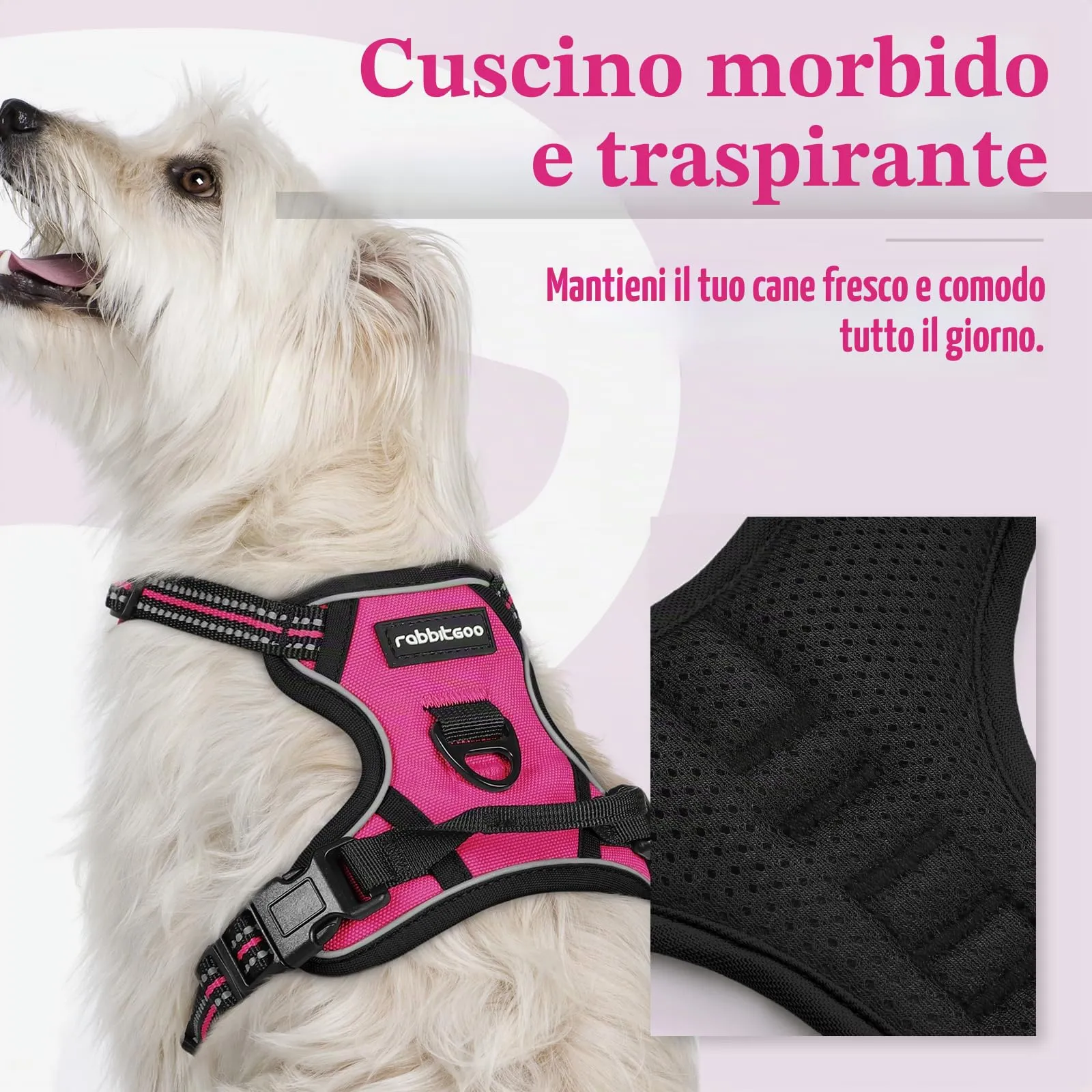 rabbitgoo Pettorina Cane ad H Regolabile Anti Tiro Riflettente, Rosa Rosso, XS - immagine 3
