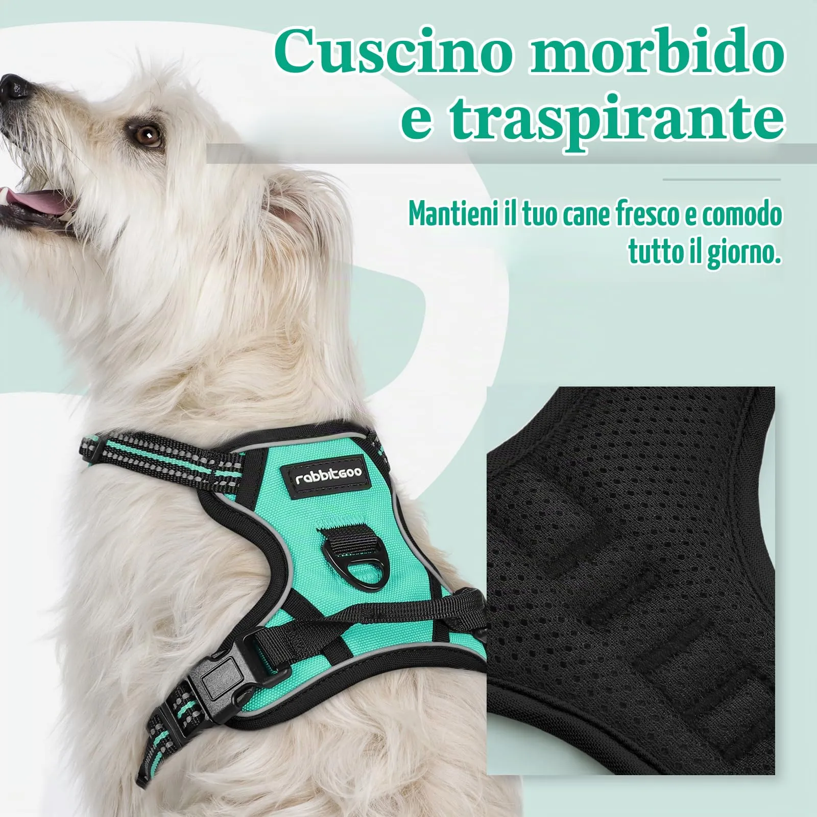rabbitgoo Pettorina Cane ad H Regolabile, Anti Tiro Riflettente e Traspirante, Menta Verde, XS - immagine 3